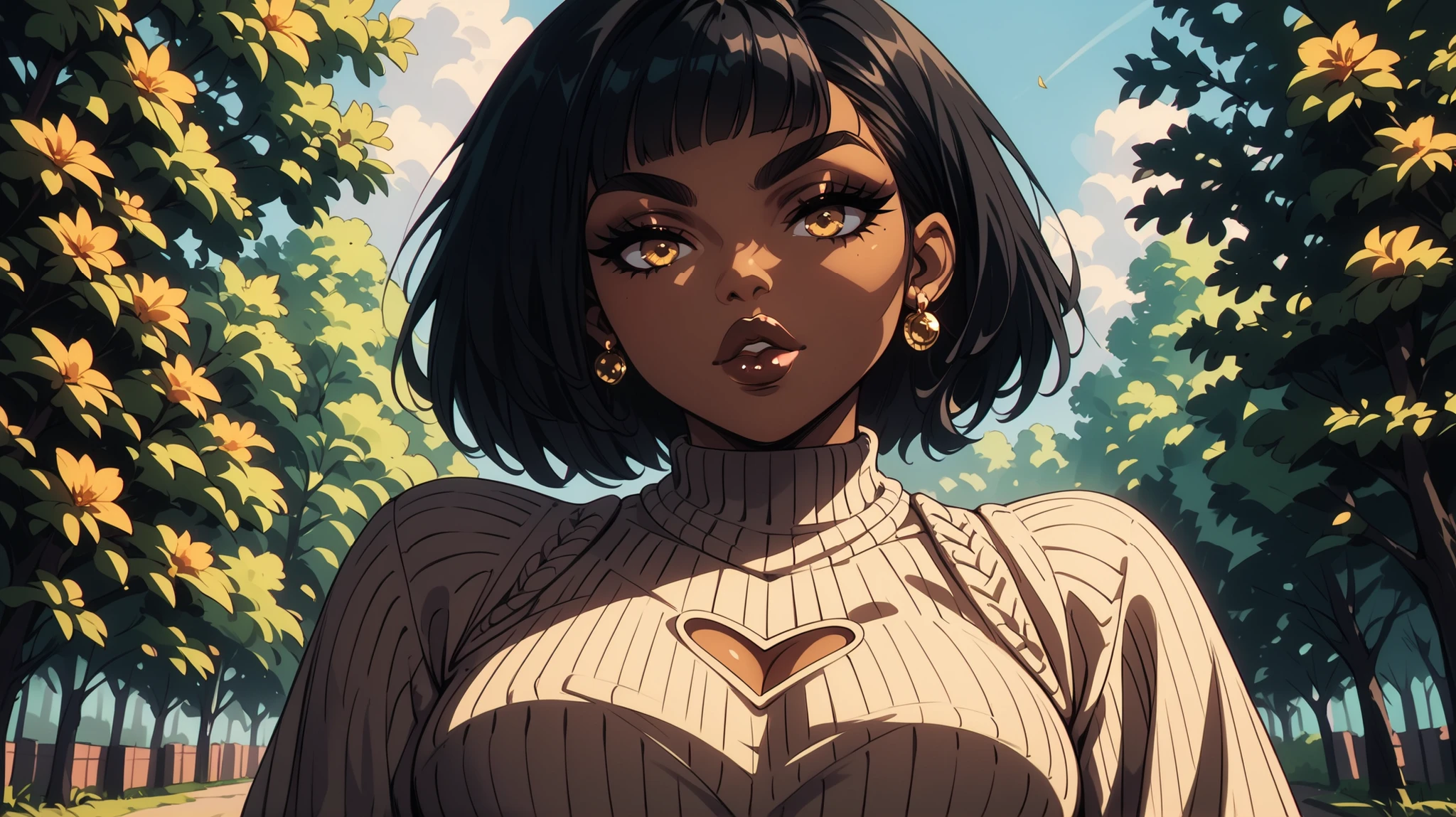 score_9, score_8_up, score_7_up, score_6_up, score_5_up, score_4_up, 1girl, low angle, gorgeous, beautiful, park with trees in daylight in the background, keyhole sweater, dark skin, glossy lips, looking down at viewer, fleeky eyebrows, black hair, bob cut, golden eyes, earrings,