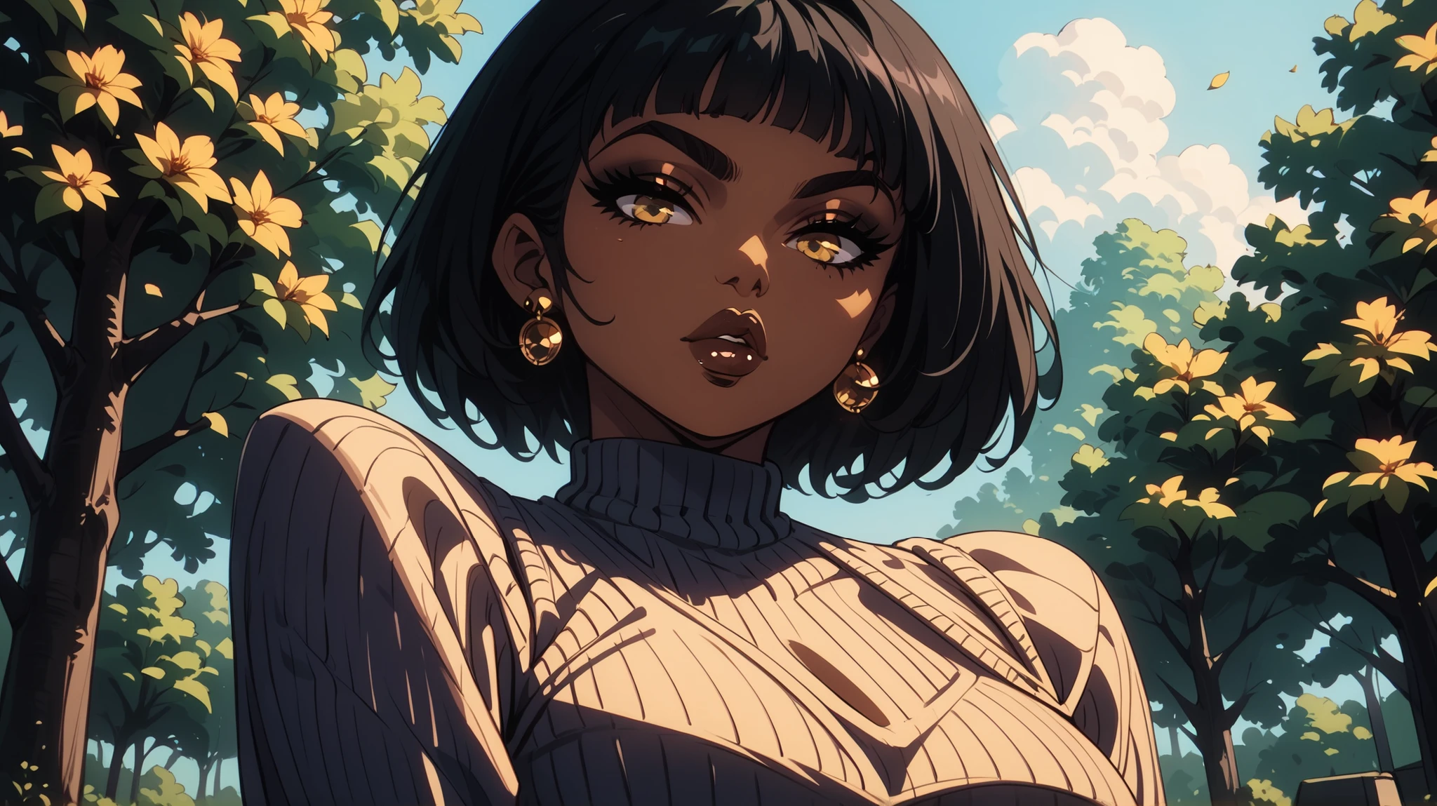 score_9, score_8_up, score_7_up, score_6_up, score_5_up, score_4_up, 1girl, low angle, gorgeous, beautiful, park with trees in daylight in the background, keyhole sweater, dark skin, glossy lips, looking down at viewer, fleeky eyebrows, black hair, bob cut, golden eyes, earrings,
