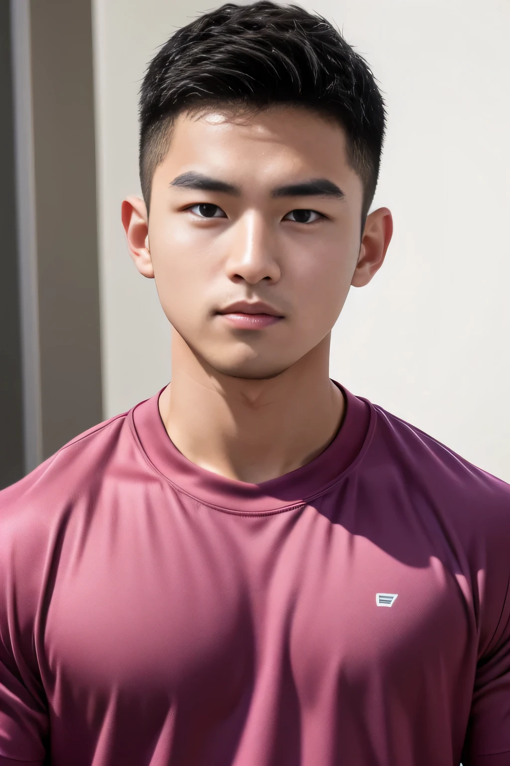 18-year-old male、Japanese、handsome guys、Macho、athletes、plain magenta clothes、Shaved head