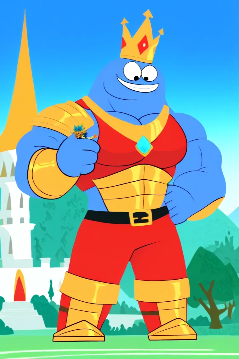 Score_9_up, score_8_up, score_7_up, 1boy, solo, bloo, blue skin, hands, long legs, big feets,  muscular body, ginomous biceps, enormous pectorals, golden and red barbarian greek god armor, golden and brown bracelets, golden necklaces, golden king crown, golden and black belt, golden boots, wearing red underpants, teeths, bigger cartoon eyes, powerful smile expression, giant size, macro size, 50-foot size, fairytale fantasy, big castle background, outdoors, blue sky background, holding a massive giant large green beanstalk plant, jack and the beanstalk scene.