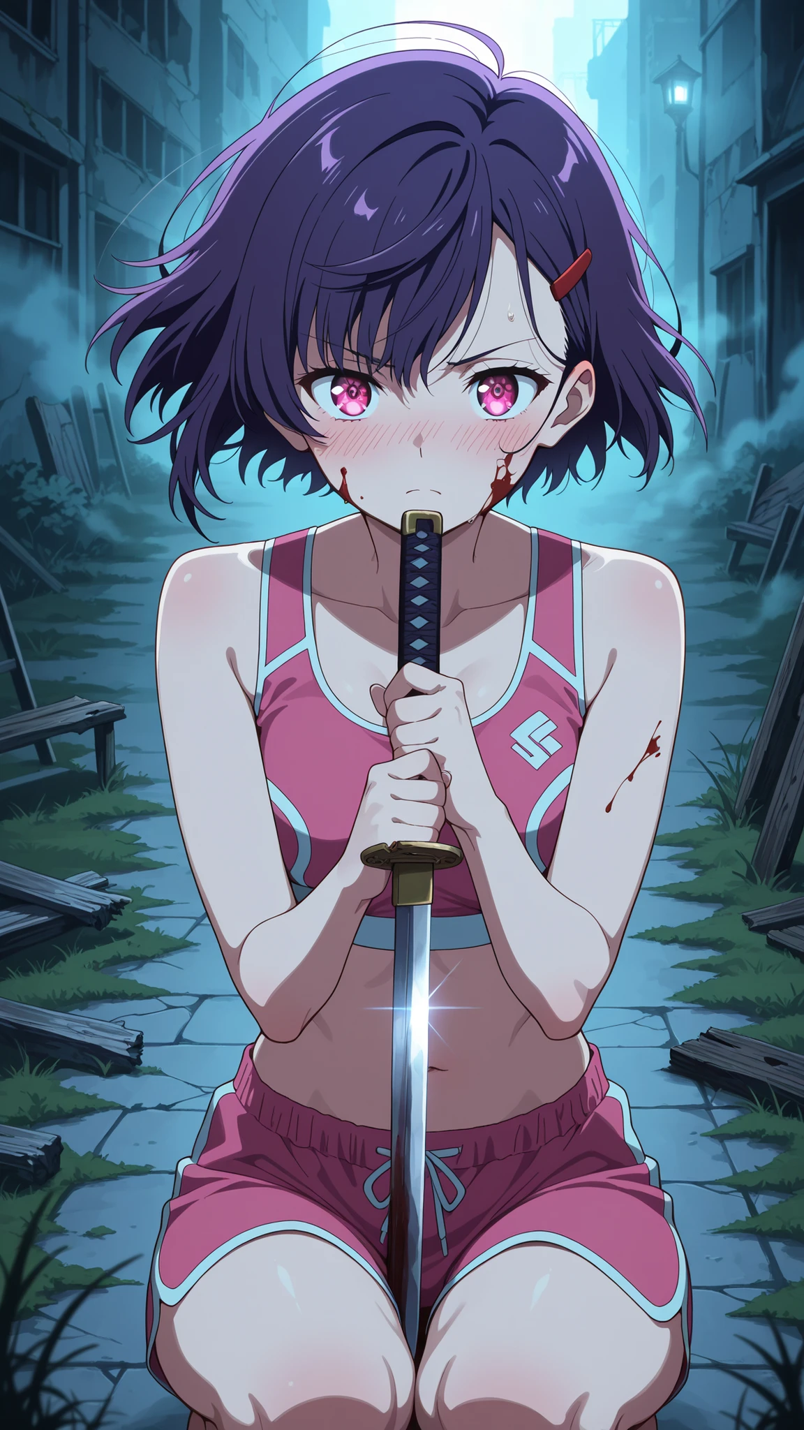BREAK (masterpiece:1.2), best quality, high resolution, unity 8k wallpaper, (illustration:0.8), (beautiful detailed eyes:1.6),Dark abandoned school yard at night, overgrown grass and weeds covering cracked pavement, rusty swing set creaking in the wind, old tilted school bell tower, broken benches scattered around, dense fog rolling across the ground, pale moonlight casting long eerie shadows, haunting and mysterious atmosphere, cinematic horror mood, ultra-detailed environment, 8K masterpiece concept art,no people,blush, seductive expression,shizuka mikazuki, short hair, purple hair, hair ornament, hairclip, pink eyes, swept bangs,,navel, sports bra, sportswear, shorts, pink shorts,,cowboy shot,looking at viewer,floating hair,serious face,katana in hand,blood on face,blood on clothes,excited,squatting pose, graceful and feminine posture, soft gaze, detailed clothing, smooth lighting, high detail, 4k illustration