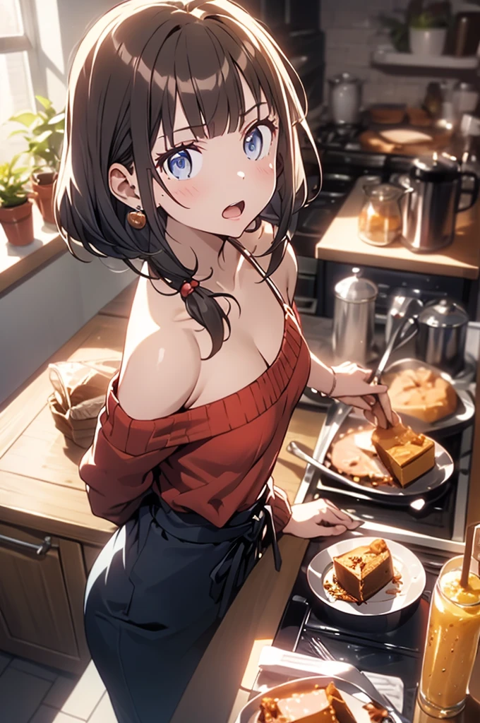 (Small breastss:1.3), (Firm :1.1), (Pointed :1.0), (Pudding cake magazine cover:1.3)，(From above:1.0),(From the side:0.9),masterpiece, One girl, Great :1.1, Narrow waist, BIG , Raised to be , Small : 1.3, Posing and showing off :1.2、alone, Open your mouth, cute beer glass cute grass,Black Hair, Dark green eyes, dress, Exposing shoulders, jewelry, clavicle, Side Lock, hair band, Earrings, indoor, Off the shoulder, sweater, Put your arms behind your back, plant, short hair and long locks, gild hair band, sweater dress:1.2, off-shoulder sweater, red sweater, Dark Gorgeous Hair, Big side hair, Very long side hair,Rendered (masterpiece: 1.2, highest quality), and (Ultra-high resolution) And exquisite (Depth of written boundary). This masterpiece is not only visually stunning but also tells,Cooking in the classroom kitchen ,View Viewer,
