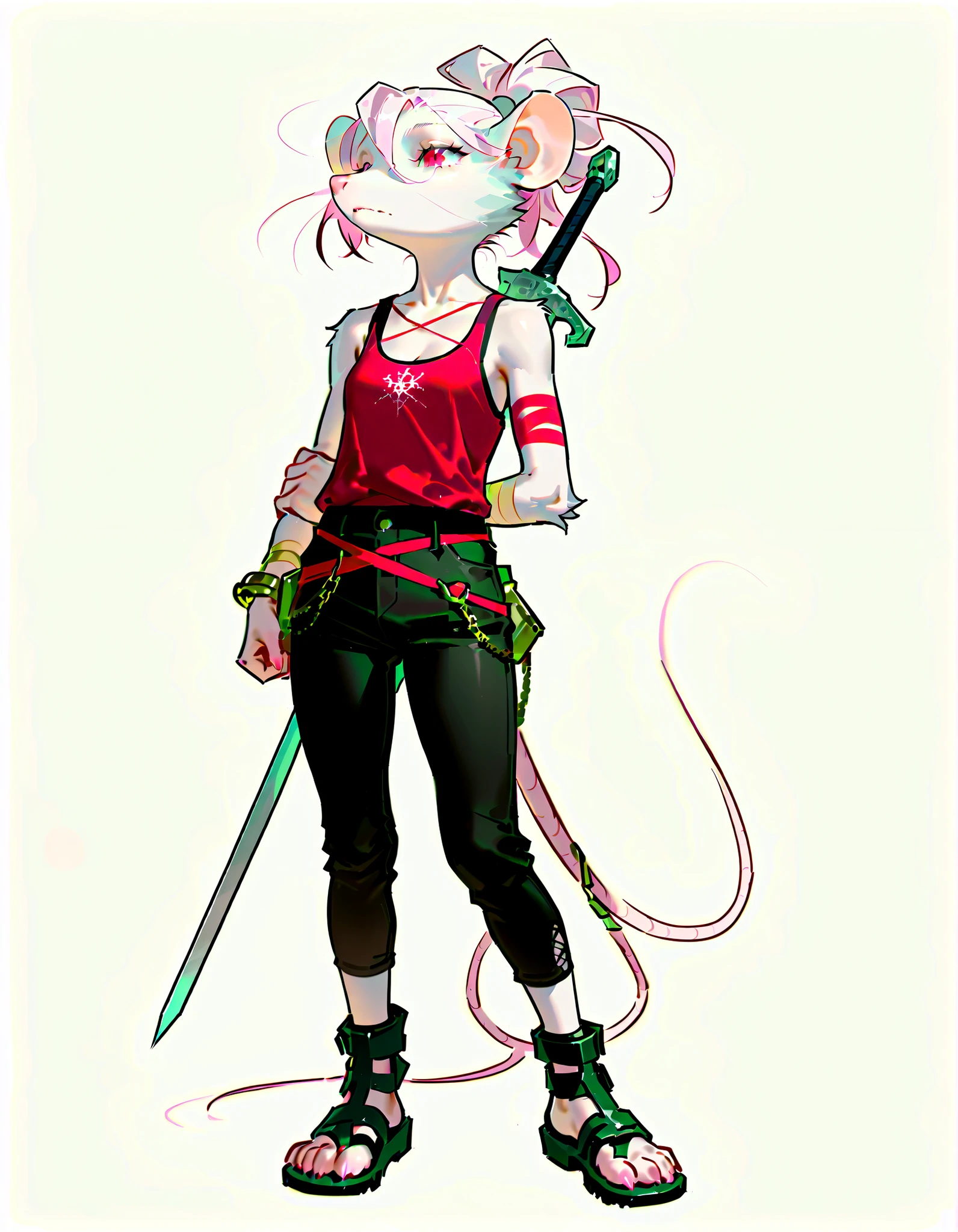 (((masterpiece))), (((Best Quality))), ((Ultra-detailed)), (anime Illustration), ((extremely delicate and beautiful)),solo, Full body, fantasy albino wererat girl, Fluffy Fur, furry, short pale pink hair, red eyes, rat head, rat ear, rat tail, ((ragged red tank top and black short pants, sandals, Resilient, sporty and boyish)), (folded arm) (she carries a belted sword on her back mount),(small figure) (shorty), full body standing, Whole body, (((white background)))