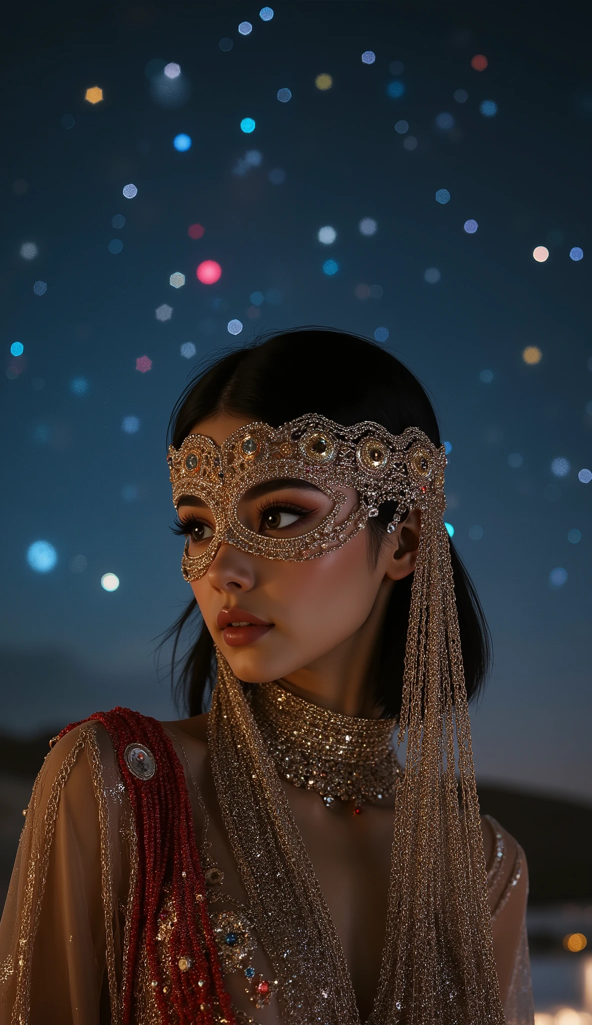  Realistic (photorealistic Realism), (Ultra-realistic), ((focus on extremely Realistic Proportion Body, Anatomically Correct:1.2)), ((professional portrait)). (ultra realistic texture details: velvety skin, hair), ((dark hair (very short hair)((slicked to one side:1.4)), Intricately details:1.33)), ((no blurr eyes, high resolution, absurd quality, Realistic brown eyes:1.4)), (Carefully draw Long eyelashes:1.2),(professional makeup:1.4). ((Beautiful long legs in good style:1.35)), (medium ), (perfect hot model full bodyshot:1.4), {An extraordinary portrait of an Arab woman, a dynamic dance scene, an  Arab dancer, dancing at night in the desert: 1.4}. "A high-resolution composite image of twinkling stars in a beautiful outfit (She wears a golden mask with a veil, decorated with intricate circular patterns. The headdress covers the face and reaches down to the chin (with the eyes visible). A metal chainmail (large cloak) is adorned with red and transparent beads. The chainmail is intricately woven, shimmering with various colors), ((Belly Dancer Harem)), dancer costume, creating a fantastical image with a starry sky in the background" [The vivid colors of a dream, holding jewels against a medieval sky full of colorful stars], (Rendering engine: "Unreal Engine 5 path tracing, 16K texture maps")