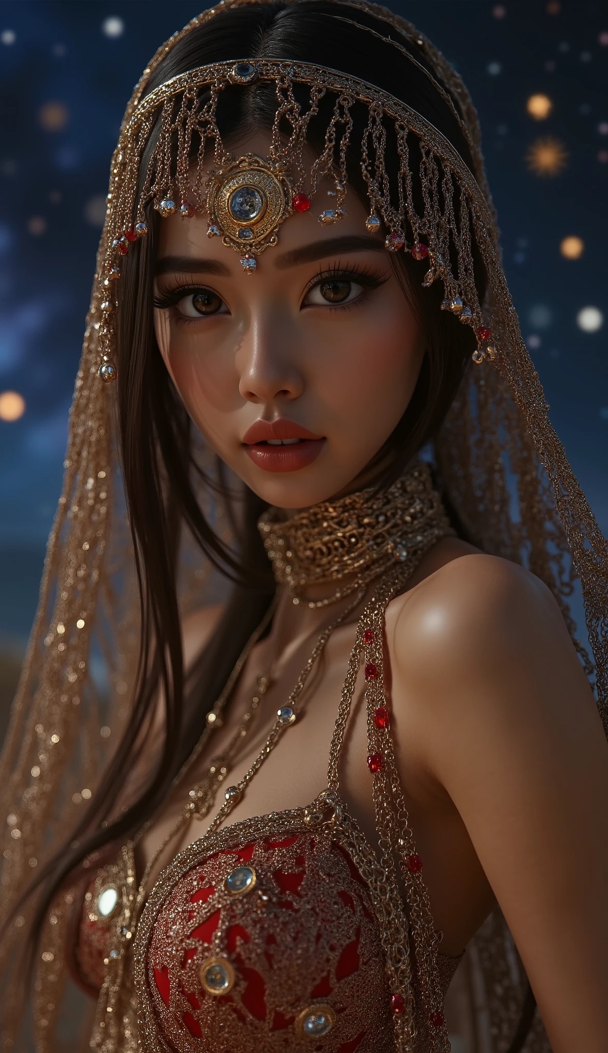  Realistic (photorealistic Realism), (Ultra-realistic), ((focus on extremely Realistic Proportion Body, Anatomically Correct:1.2)), ((professional portrait)). (ultra realistic texture details: velvety skin, hair), ((dark hair (very short hair)((slicked to one side:1.4)), Intricately details:1.33)), ((no blurr eyes, high resolution, absurd quality, Realistic brown eyes:1.4)), (Carefully draw Long eyelashes:1.2),(professional makeup:1.4). ((Beautiful long legs in good style:1.35)), (medium butt), (perfect hot model full bodyshot:1.4), {An extraordinary portrait of an Arab woman, a dynamic dance scene, an erotic Arab dancer, dancing at night in the desert: 1.4}. "A high-resolution composite image of twinkling stars in a beautiful outfit (She wears a golden mask with a veil, decorated with intricate circular patterns. The headdress covers the face and reaches down to the chin (with the eyes visible). A metal chainmail (large cloak) is adorned with red and transparent beads. The chainmail is intricately woven, shimmering with various colors), ((Belly Dancer Harem)), dancer costume, creating a fantastical image with a starry sky in the background" [The vivid colors of a dream, holding jewels against a medieval sky full of colorful stars], (Rendering engine: "Unreal Engine 5 path tracing, 16K texture maps")