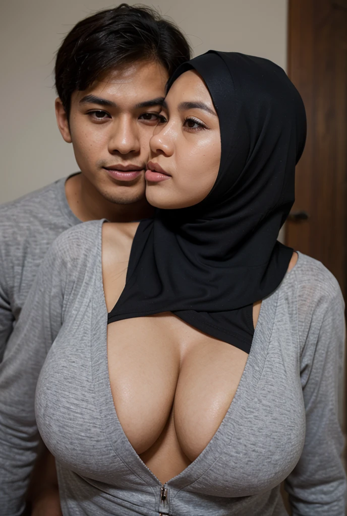 cowboy shot, full body shot, 1 malay girl and 1 malay man, chubby face malay girl age 46 years old, malay man age 40, boy has erected big , big grin, big laugh, laughing, kelantan looks, looking at viewer, hand on hip, grey color hijab, fat body, chubby girl posing ,  big  about to burst out, , man  hugging behind girl, very wet face, very wet body, sweating body, watery body, inside hotel room, bed background,