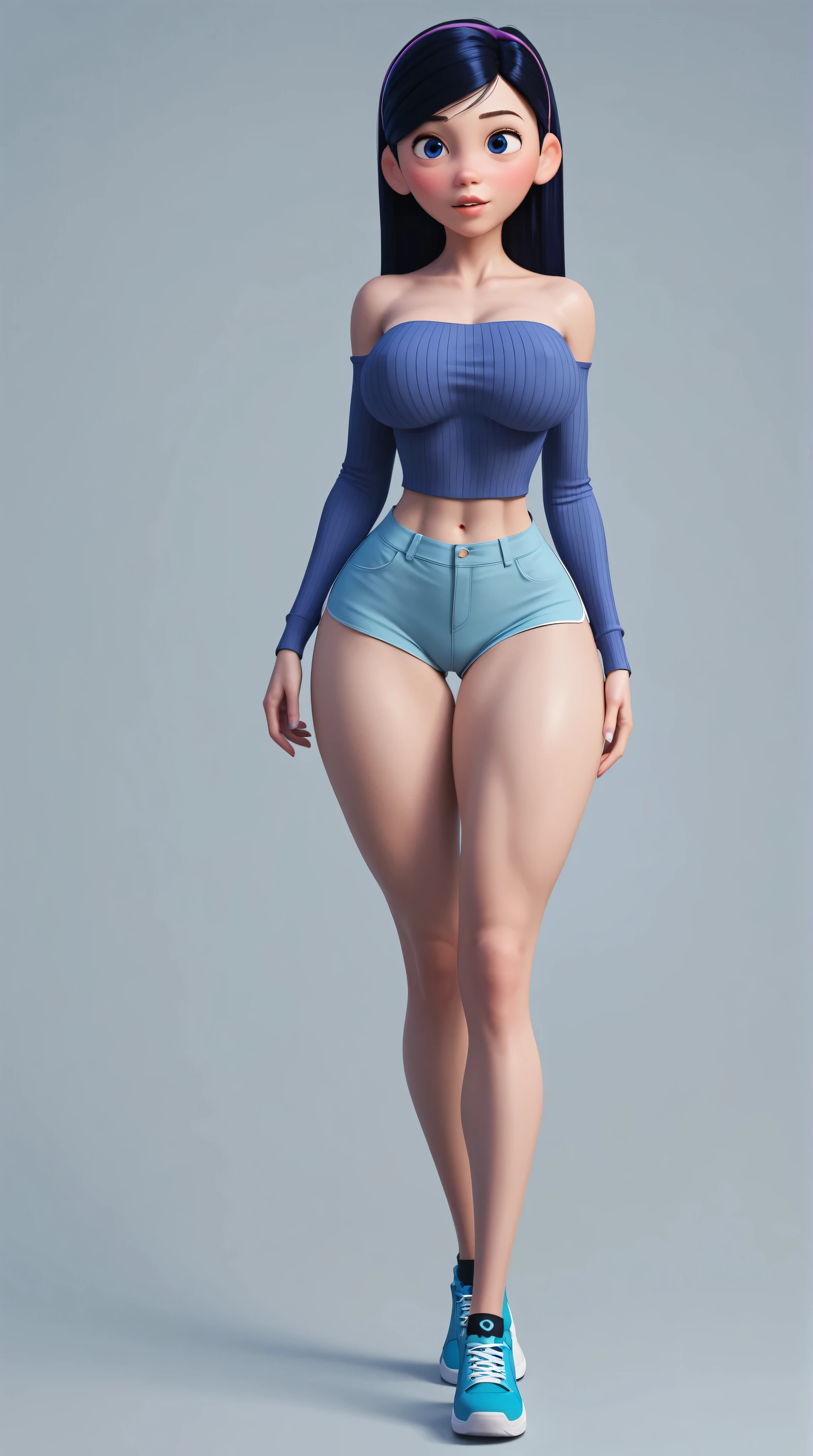 (violet parr), linda, beautiful, big breasts, with half-open full lips , parts, blue eyes , bangs and a short black sweater with bare shoulders, tight gym shorts, big round ass , big breasts, thick thighs , She's posing in front of the camera, full body . This girl stands in a sexy figure, Gimancio de Fondo.