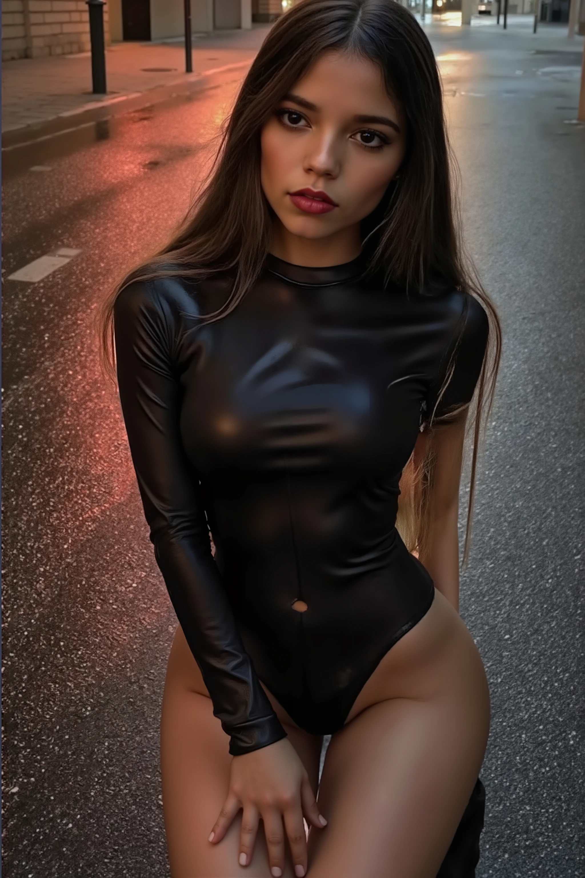 Jenna,portrait,Nasses Haar,nasse Kleidung,girl,daria, ((full body photo))
🌟 : high resolution, professional portrait, dramatic shadow play  , filmisch, inspired by Hedi Xandt, dark and luxurious aesthetics
🌌 : the same nocturnal road section, this time from a slightly elevated Perspective taken, The shiny , the wet asphalt is clearly visible in the foreground
😈 : the same beautiful young woman with her long, dunklen Haar, Does the figure-hugging, Shiny black leather outfit
🔥: she is kneeling with one knee on the wet asphalt, the other foot is on the ground, wear one hand resting on the ground, while the other is framing the face, her sensual gaze is half closed and full of intensity, the expression is vulnerable and at the same time dominant, the pose is exciting and expressive
💋 : A beautiful young woman in black leather kneels on a wet street, her pose is expressive and exciting.