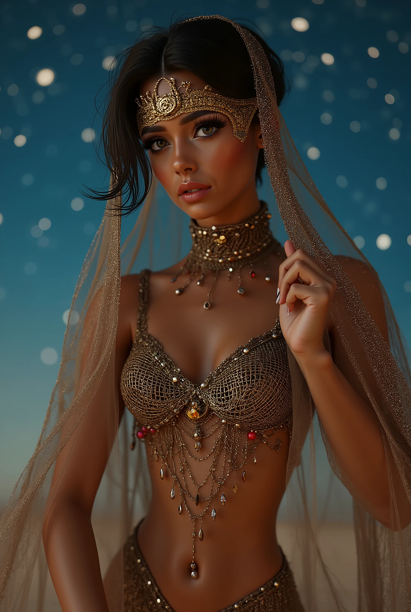  Realistic (photorealistic Realism), (Ultra-realistic), ((focus on extremely Realistic Proportion Body, Anatomically Correct:1.2)), ((professional portrait)). (ultra realistic texture details: velvety skin, hair), ((dark hair (very short hair)((slicked to one side:1.4)), Intricately details:1.33)), ((no blurr eyes, high resolution, absurd quality, Realistic brown eyes:1.4)), (Carefully draw Long eyelashes:1.2),(professional makeup:1.4). ((Beautiful long legs in good style:1.35)), (medium butt), (perfect hot model full bodyshot:1.4), {An extraordinary portrait of an Arab woman, a dynamic dance scene (raised hands, dance step), an erotic Arab dancer dancing at night in the desert: 1.4}. "A high-resolution composite image of twinkling stars in a beautiful outfit (She wears a golden mask with a veil, decorated with intricate circular patterns. The headdress covers the face and reaches down to the chin (with the eyes visible). A metal chainmail (large cloak) is adorned with red and transparent beads. The chainmail is intricately woven, shimmering with various colors), ((Belly Dancer Harem)), dancer costume, creating a fantastical image with a starry sky in the background" [The vivid colors of a dream, holding jewels against a medieval sky full of colorful stars], (Rendering engine: "Unreal Engine 5 path tracing, 16K texture maps")