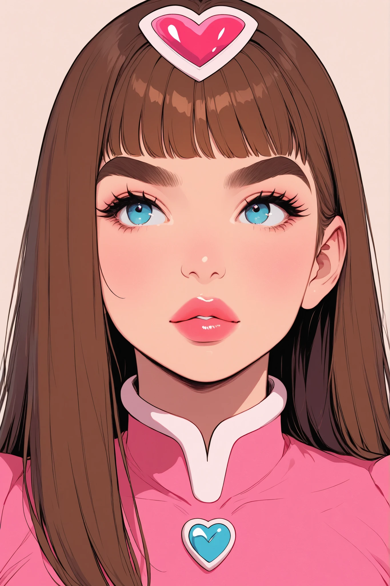 Perfect Face, Cut Straight Hair, Bright Brown Hair, Brown Thick Eyebrows, Blue Eyes, Pink Rouge, Bright Red Thick Lips, Beauty Woman