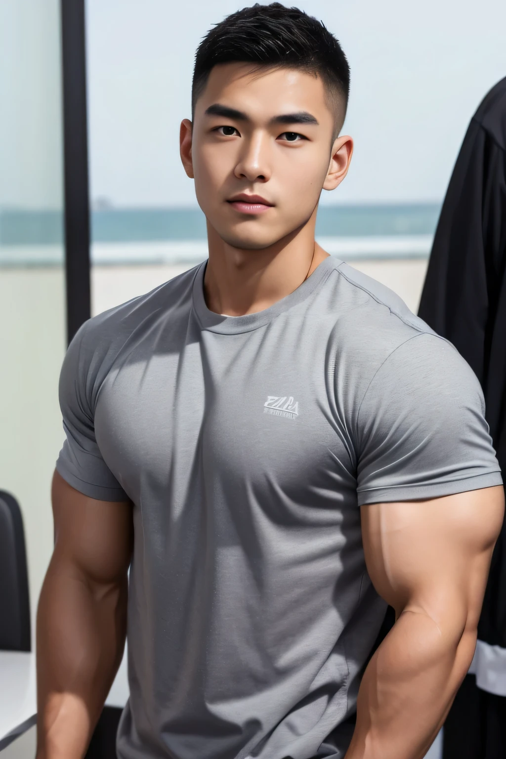 18-year-old male、Japanese、handsome guys、Macho、athletes、plain gray clothes、Shaved head