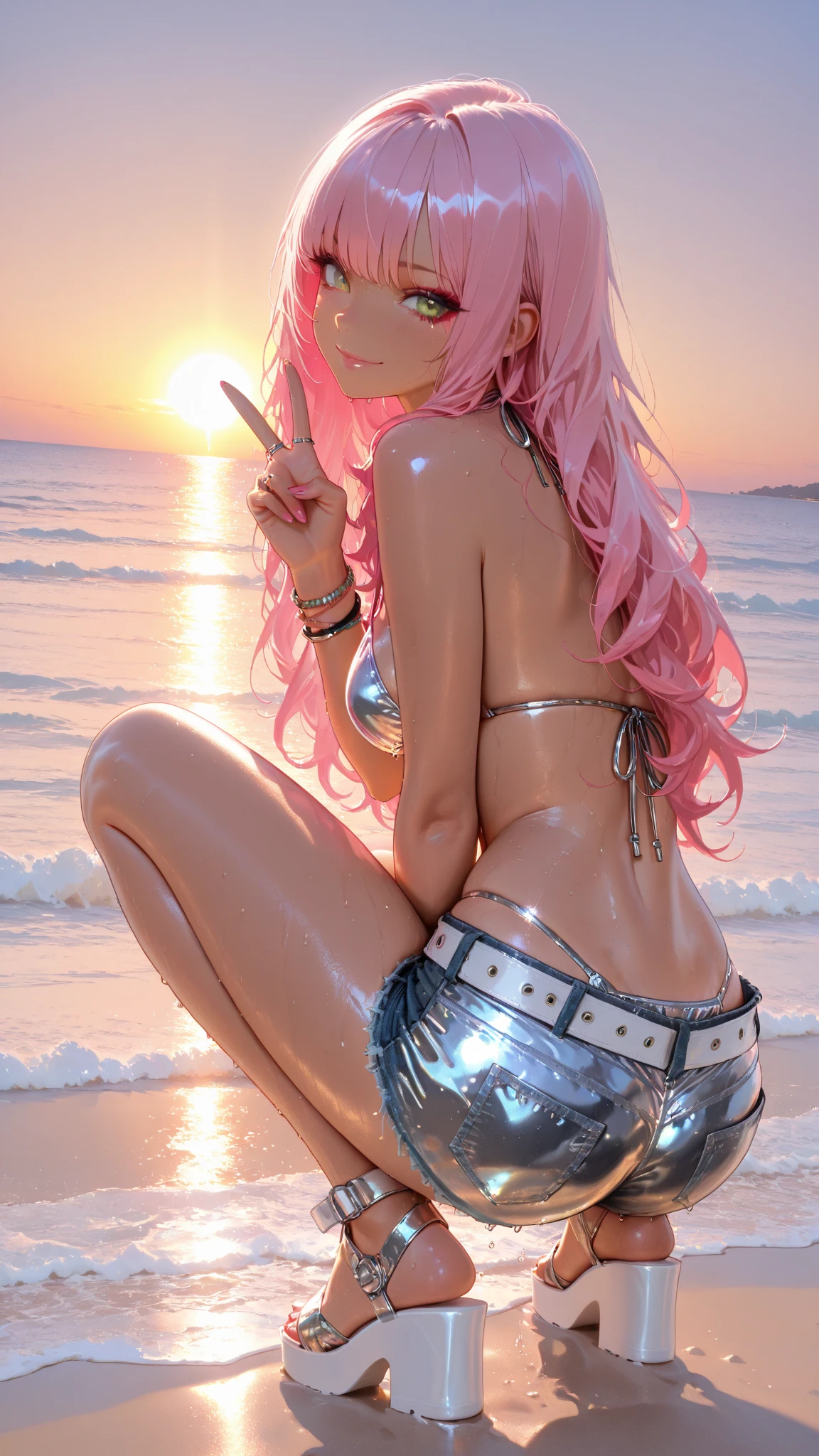 One Barbie, ((Full body)),8th class, Blue eyes, Smiling face, Hair loss swaying in the wind, Hip Hop Singer Pose, Dressed in hip-hop style,White Bikini,swarovski,pasties,With a pink bow on the arm, Fashion, Extremely high quality, high details, 8K, clean back ground, in studio, ((Full body shot)),Align your fingers neatly,Accurate Hand Modeling,wave her hand,west coast beach