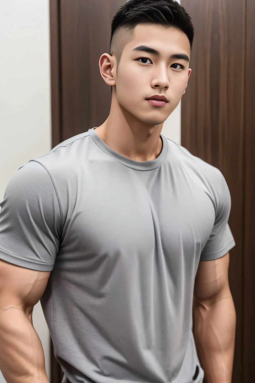 18-year-old male、Japanese、handsome guys、Macho、athletes、plain gray clothes、Shaved head