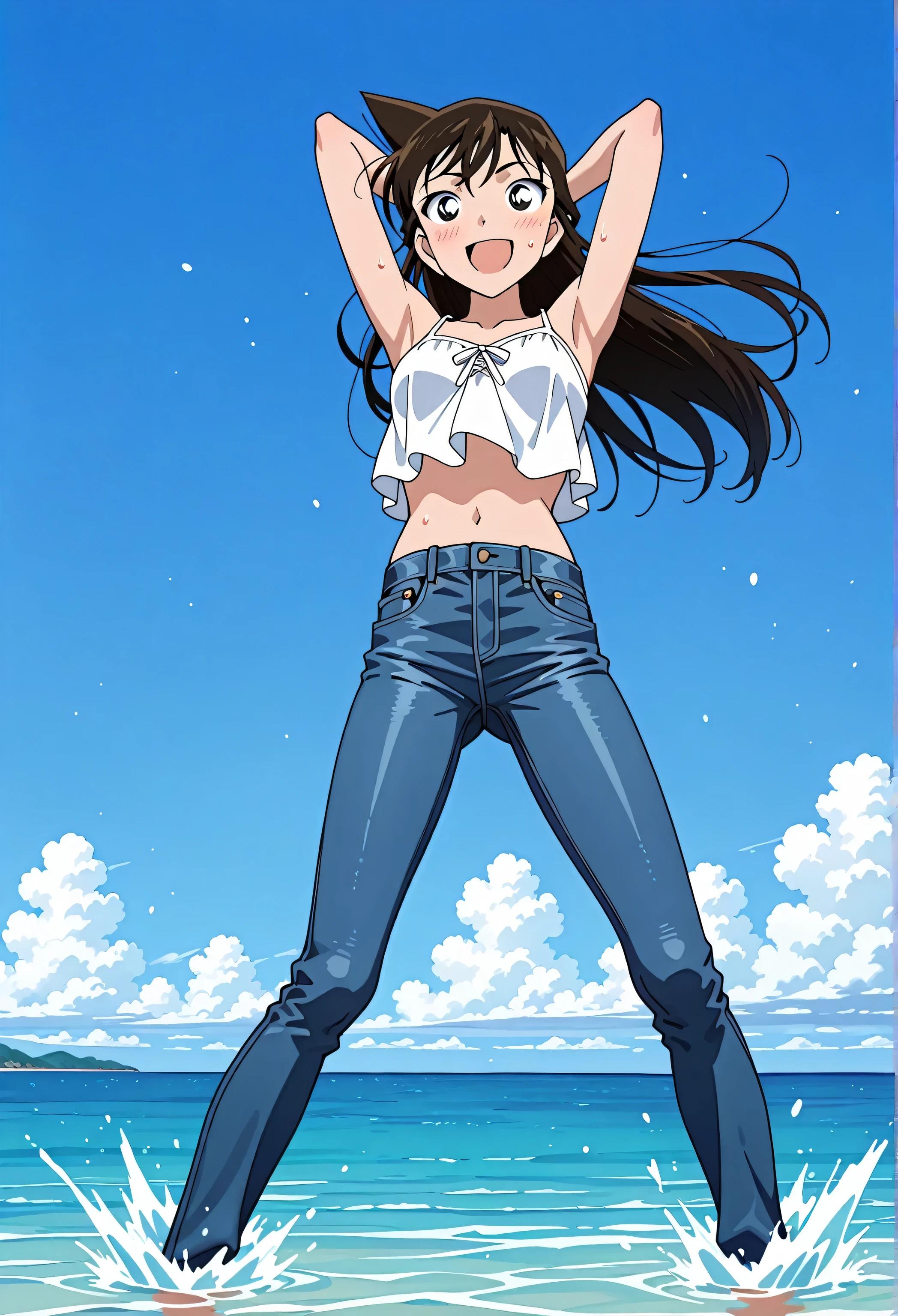 score_9, score_8_up, score_7_up, source_anime, highres, hi res, best quality, top quality, masterpiece, 2d, intricate details, official style, anime, 4k, anime style, 1 girl, Alone, solo, ((ocean)), tsunami, on the water, day, outdoors, sky, windy, sysdeep_ran, small breasts, white camisole top, crop top, white crop top, best quality, ((blue jeans:1.9)), (dark blue jeans:0.6), full medium body, medium shot, Open mouth, smiling, happy face, blush, sweat, standing, arms behind head, bowlegged, jumping pose, action, looking at viewer, spread legs, Bend knees slightly, straight-on front view