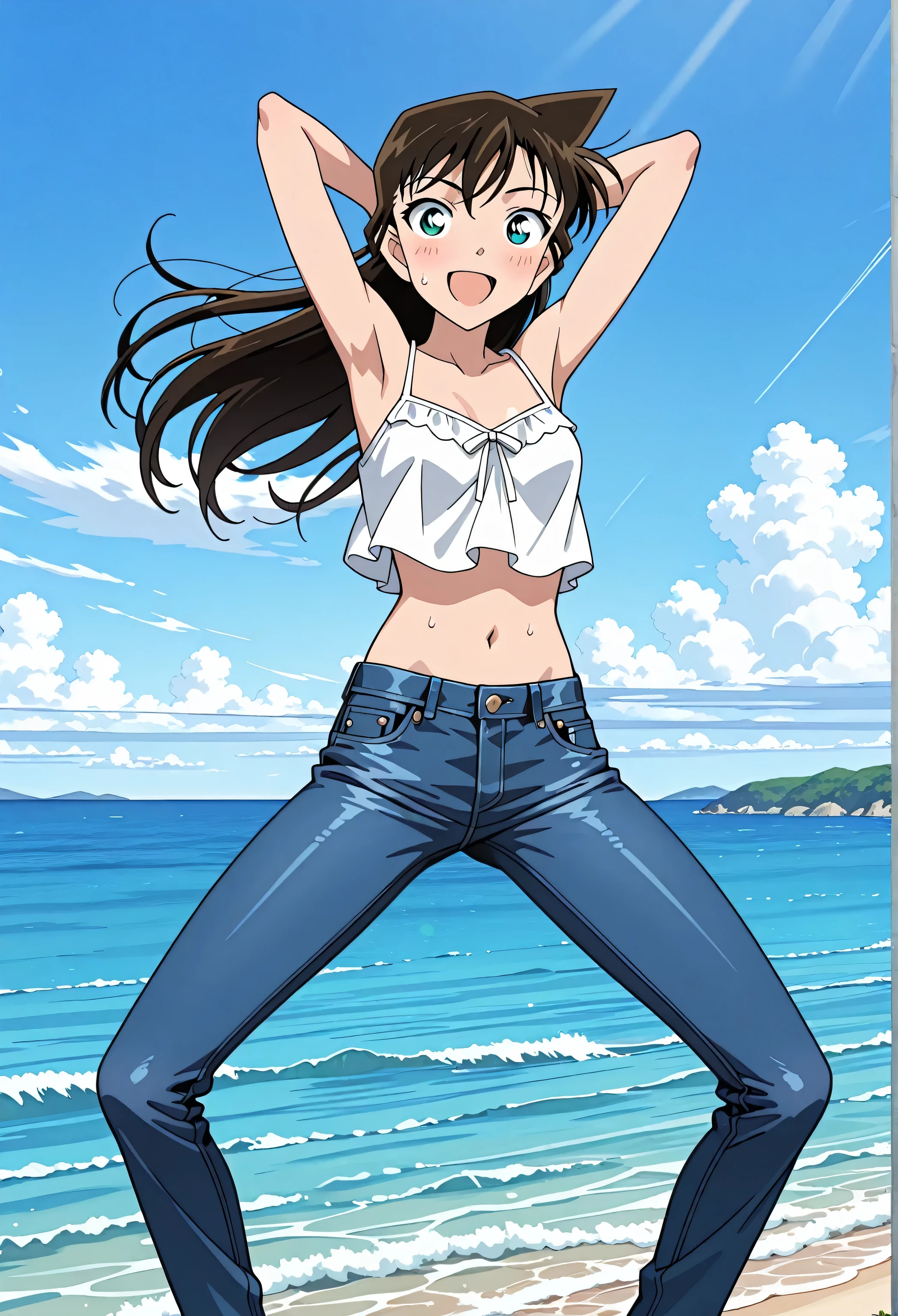 score_9, score_8_up, score_7_up, source_anime, highres, hi res, best quality, top quality, masterpiece, 2d, intricate details, official style, anime, 4k, anime style, 1 girl, Alone, solo, ((ocean)), tsunami, on the water, day, outdoors, sky, windy, sysdeep_ran, small breasts, white camisole top, crop top, white crop top, best quality, ((blue jeans:1.9)), (dark blue jeans:0.6), full medium body, medium shot, Open mouth, smiling, happy face, blush, sweat, standing, arms behind head, bowlegged, jumping pose, action, looking at viewer, spread legs, Bend knees slightly, straight-on front view