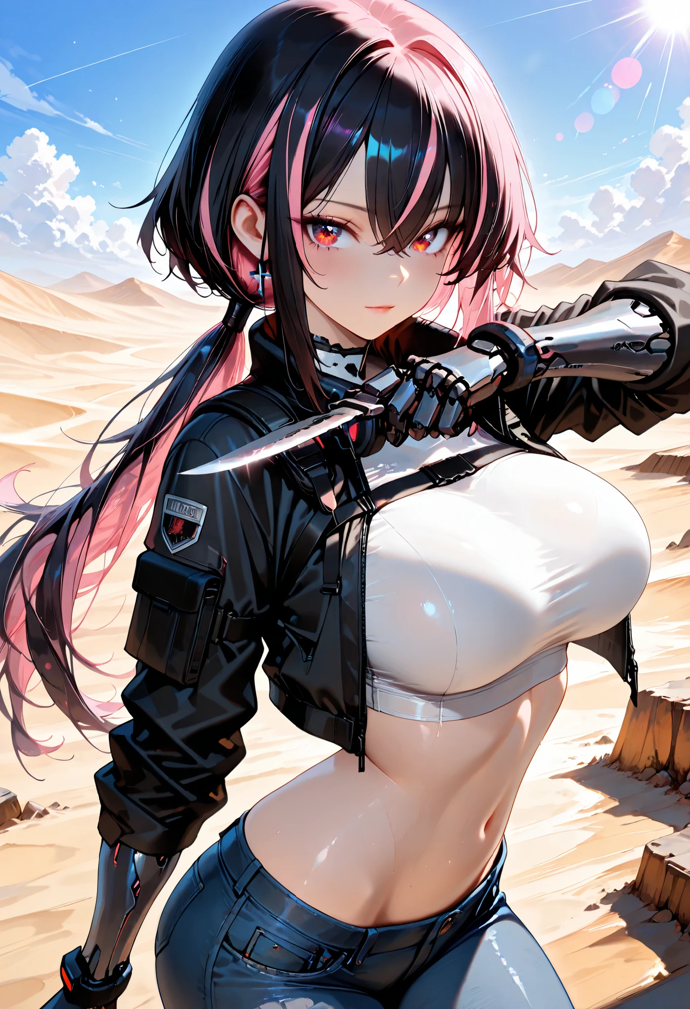 masterpiece, Top Quality, high image quality, 1 girl, solo, cartoon, Completely_soldier_2k24 ,best quality ,A perfect masterpiece,((perfect artwork)),16k,beautiful detail face, Ultra-high definition beautiful face, big eyes, Glittering Eyes, detail eyes, Perfect body, shiny skin,Ideal Ratio Body Proportion, Highly detail hands, Graceful, slender fingers, Natural hand anatomy, Smooth and Perfect Skin Texture, Delicate, well-proportioned fingers, Intricate Details with Delicate Lines, detail hair texture,provocative, thick face,Softly flowing hair, Lens Flare, bright colors, (masterpiece, detail:1.2), ultra-detail, 16K resolution, high resolution, high quality, Highest Quality,big breasts,longhair,Pink hair,(((highlights hair, Black streaked hair))),tactical gear,mechanical Arms,Cyberpunk,crossed bangs,wispy bangs,low ponytail,desert,black jacket,combat gear,red eyes,military style,gripping CombatKnife,tactical poses,combat poses,fighting stance,Denim hot pants