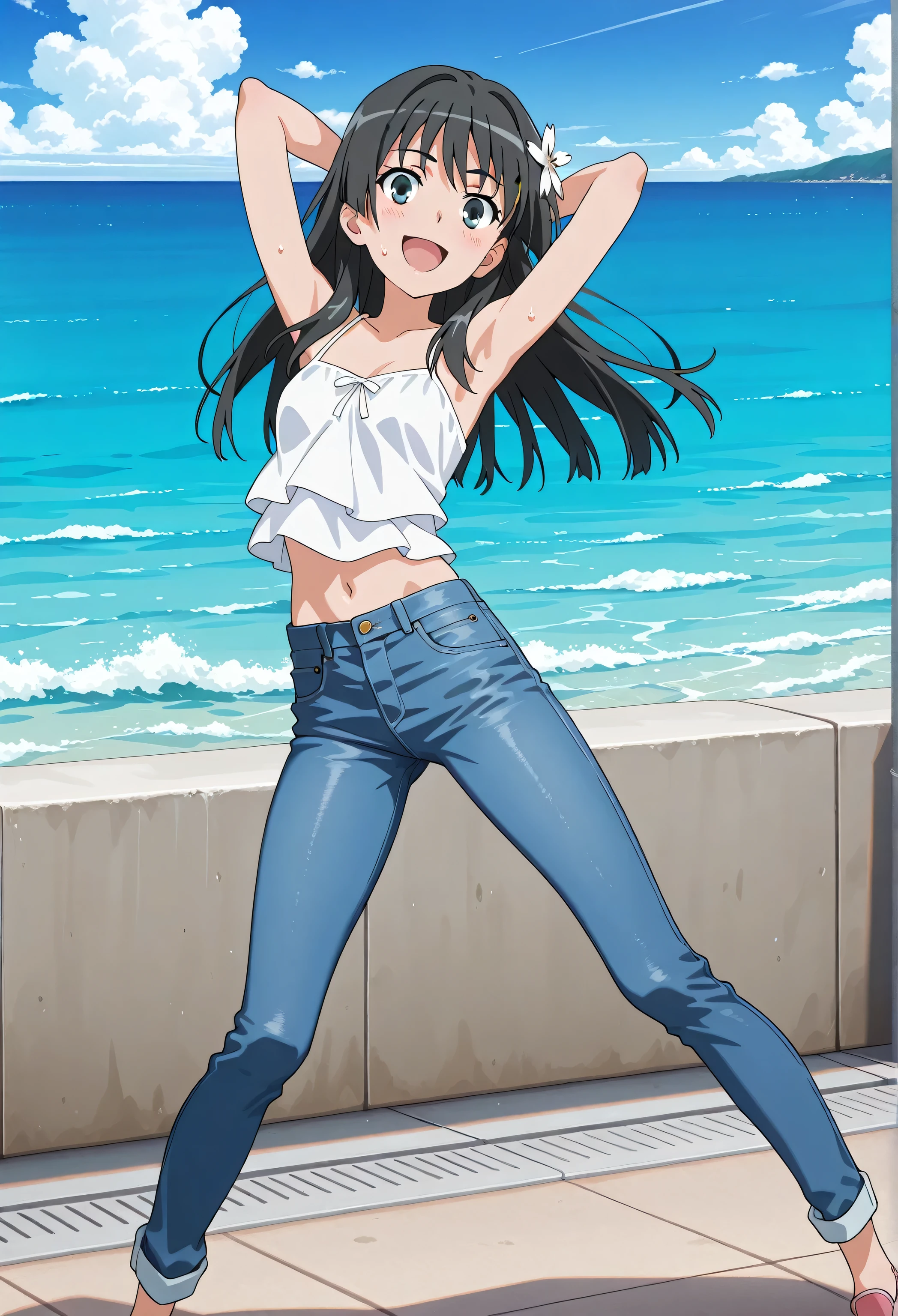 score_9, score_8_up, score_7_up, source_anime, highres, hi res, best quality, top quality, masterpiece, 2d, intricate details, official style, anime, 4k, anime style, 1 girl, Alone, solo, ((ocean)), tsunami, on the water, day, outdoors, sky, windy, saten ruiko, long hair,black hair,hair ornament,hair flower,sidelocks,bangs,black eyes, small breasts, white camisole top, crop top, white crop top, best quality, ((blue jeans:1.9)), (dark blue jeans:0.6), full medium body, medium shot, Open mouth, smiling, happy face, blush, sweat, standing, arms behind head, bowlegged, sliding pose, action, looking at viewer, spread legs, Bend knees slightly, straight-on front view