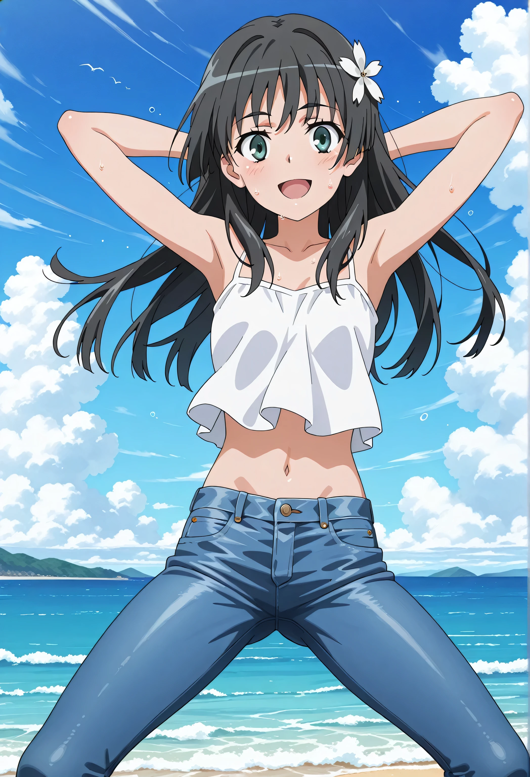 score_9, score_8_up, score_7_up, source_anime, highres, hi res, best quality, top quality, masterpiece, 2d, intricate details, official style, anime, 4k, anime style, 1 girl, Alone, solo, ((ocean)), tsunami, on the water, day, outdoors, sky, windy, saten ruiko, long hair,black hair,hair ornament,hair flower,sidelocks,bangs,black eyes, small breasts, white camisole top, crop top, white crop top, best quality, ((blue jeans:1.9)), (dark blue jeans:0.6), full medium body, medium shot, Open mouth, smiling, happy face, blush, sweat, standing, arms behind head, bowlegged, sliding pose, action, looking at viewer, spread legs, Bend knees slightly, straight-on front view
