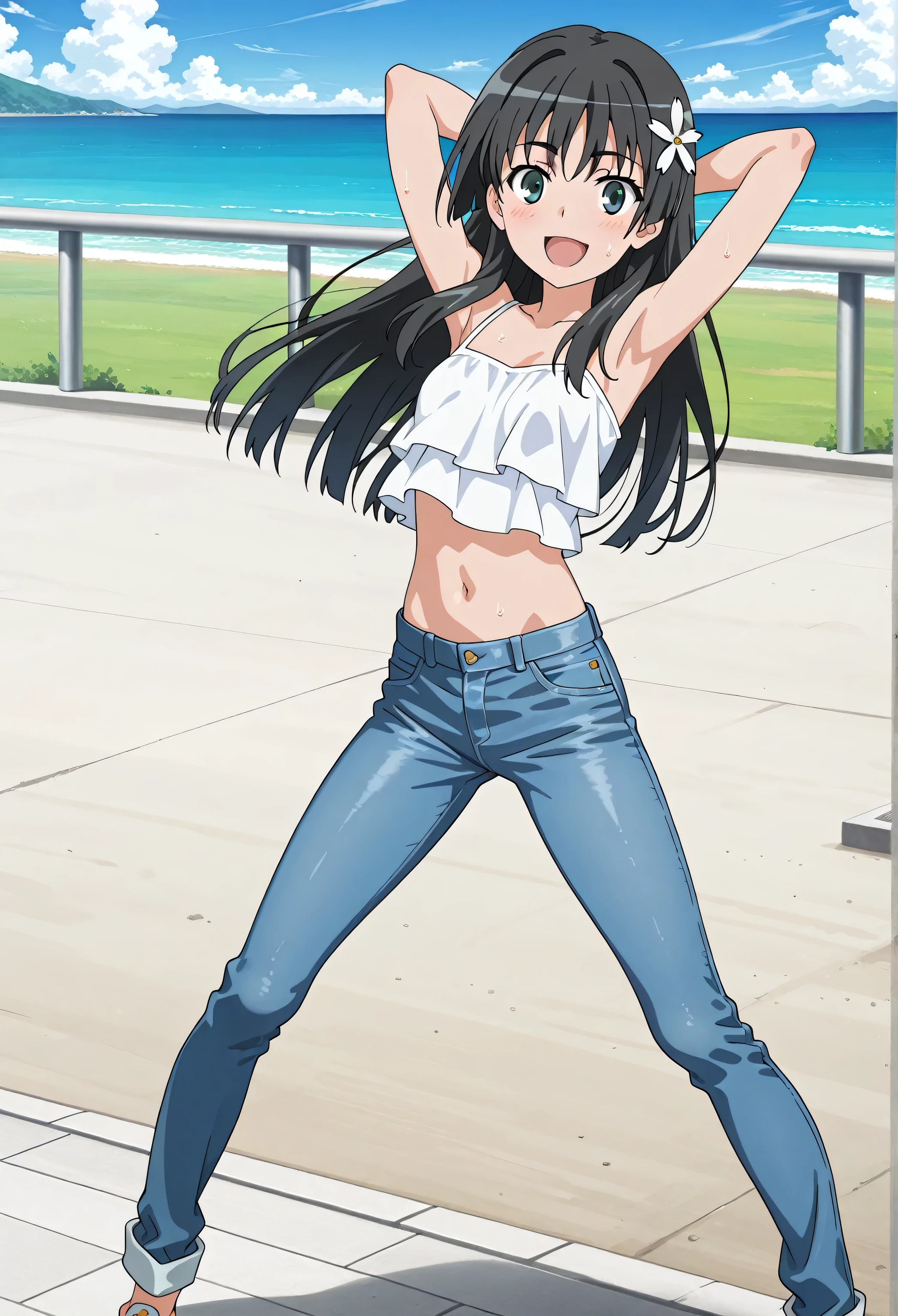 score_9, score_8_up, score_7_up, source_anime, highres, hi res, best quality, top quality, masterpiece, 2d, intricate details, official style, anime, 4k, anime style, 1 girl, Alone, solo, ((ocean)), tsunami, on the water, day, outdoors, sky, windy, saten ruiko, long hair,black hair,hair ornament,hair flower,sidelocks,bangs,black eyes, small breasts, white camisole top, crop top, white crop top, best quality, ((blue jeans:1.9)), (dark blue jeans:0.6), full medium body, medium shot, Open mouth, smiling, happy face, blush, sweat, standing, arms behind head, bowlegged, sliding pose, action, looking at viewer, spread legs, Bend knees slightly, straight-on front view