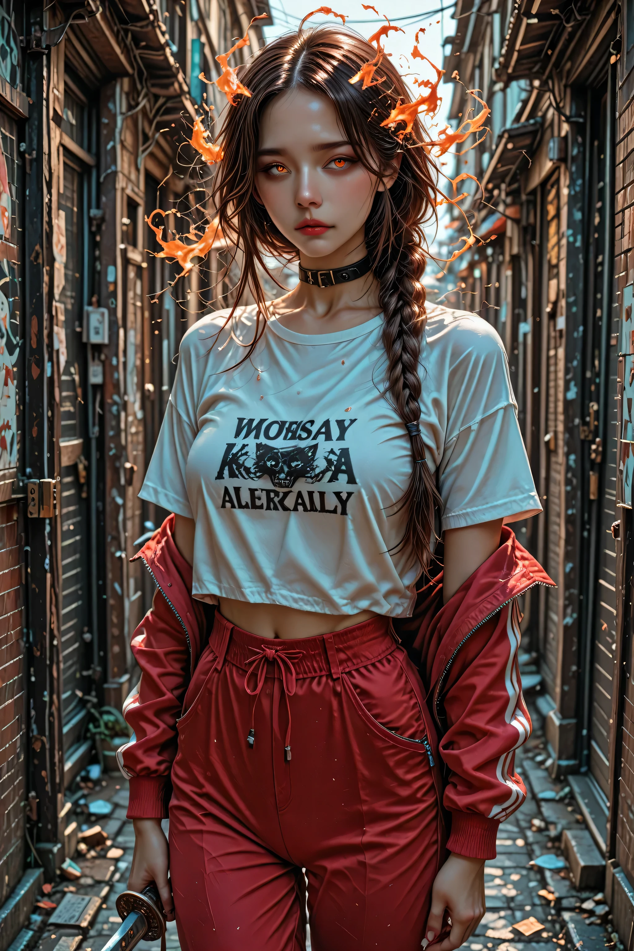 1 woman, 40 years old, fiery eyes, long hair, long braid hairstyle, brown-haired, white t-shirt, straps, collar, prokzay in the alley, Red Pants, tracksuit, Katana hand,