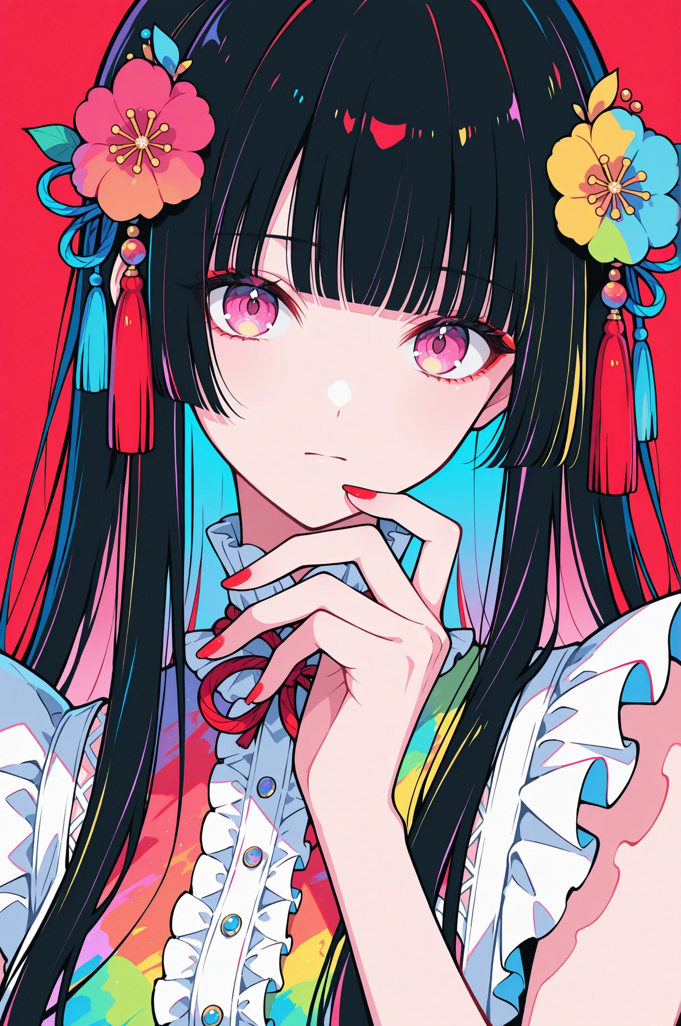 woman, solo, red nails, looking at viewer, bangs, pink eyes, long hair, black hair, hair ornament, hand up, flower, blunt bangs, closed mouth, tassel, ribbon, portrait, colorful, red background, frills, multicolored hair, upper body,