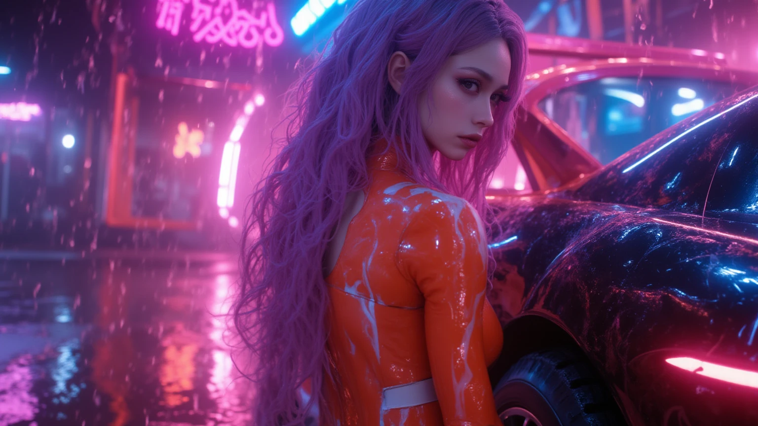 (masterpiece), (best quality), (high res), ((((Solo)))), (perfect ), (young girl (10 years old), fair skin, pink hair (shoulder length), green eyes, (((totally ))), tired, (((flat ))), in a futuristic setting with a green light, annoyed, cyberpunk, (drinking water), best anime 4k, cybersuits, in dark street, (((during a storm))), (at night), (((wet transparent clothes))), (((wet))), ((rain)), (night), ((((alone))))