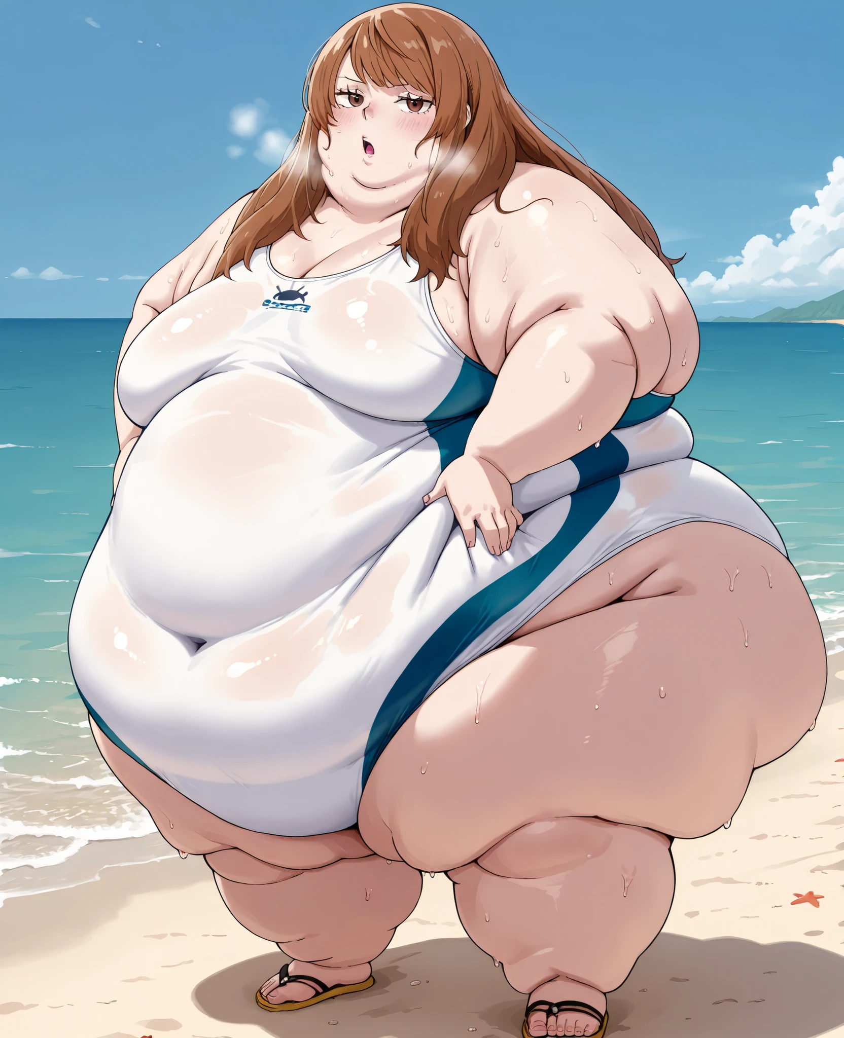 masterpiece, best quality, solo, 1girl, score_9, score_8_up,score_7_up BREAK, 1girl, solo, chubby, fat, very fat, obese, obese arms and legs, sloppy stomach, saggy round breasts, fat face, fupa, double chin, plump, thick thighs, thigh, morbidly obese, immobile, blush, sweaty, sweaty hair, blushing, KinuyoKa, brown eyes, brown hair, jitome, jitome eyes, bangs, hair over shoulders, swept trimmed bangs, KinuyoKa, brown eyes, brown hair, jitome, jitome eyes, bangs, hair over shoulders, swept trimmed bangs , one piece swimsuit, beach, open mouth sweating, full body shot, gigantic arms and legs, out of breath, standing, side view, looking at the viewer, swollen face, Fat_neck , Fat head , eyes with crushed cheeks , nose with crushed cheeks , mouth with crushed cheeks , chin roll