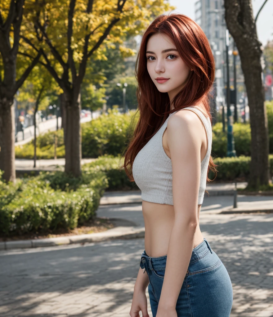 masterpiece, gothic aesthetic, dream atmosphere, Ultra realistic, red-haired girl,  leaning forward detailed skin, pale-white (highlighted) skin, ultra realistic, 16k, high quality, picture-perfect, flawless, clean, masterpiece, professional artwork, detailed artwork, cinematic lighting, cinematic bloom, realistic shading, (long red hair)),(1girl,  beautiful korean girl),perfect face, (young:1.1),((fit figure)),((25 year old)), beautiful face, beautiful turquoise-blue eyes (cute eyes look), detail eyes, detail face, (((perfect female body, narrow waist))),(large :1.3)lora:GoodHands-beta2:1>, , ((girl standing)),upper body, small natural , black shirt and jeans skirt clothing (realistic texture), blade to side, strike pose,blade down,blade right hand,, gothic garden,, blurred background  (masterpiece, best quality, high quality, highres, ultra-detailed), different poses at different angles. 