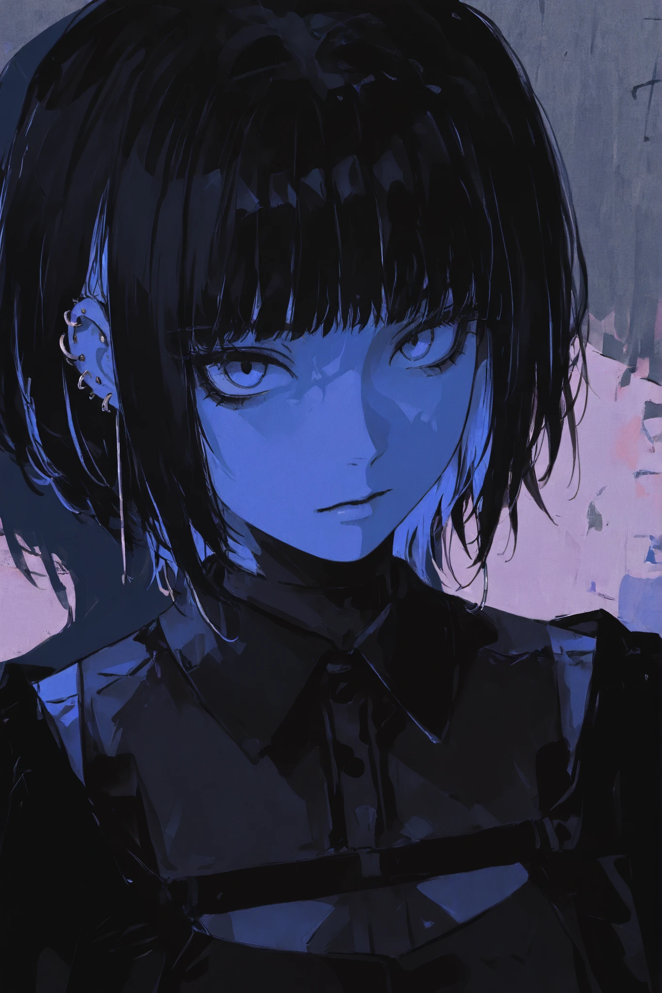 close-up portrait, girl with wolf cut hairstyle, minimal expression, strong shadows, monochrome color palette, edgy and urban gothic aesthetic, high detail, small hoop piercings