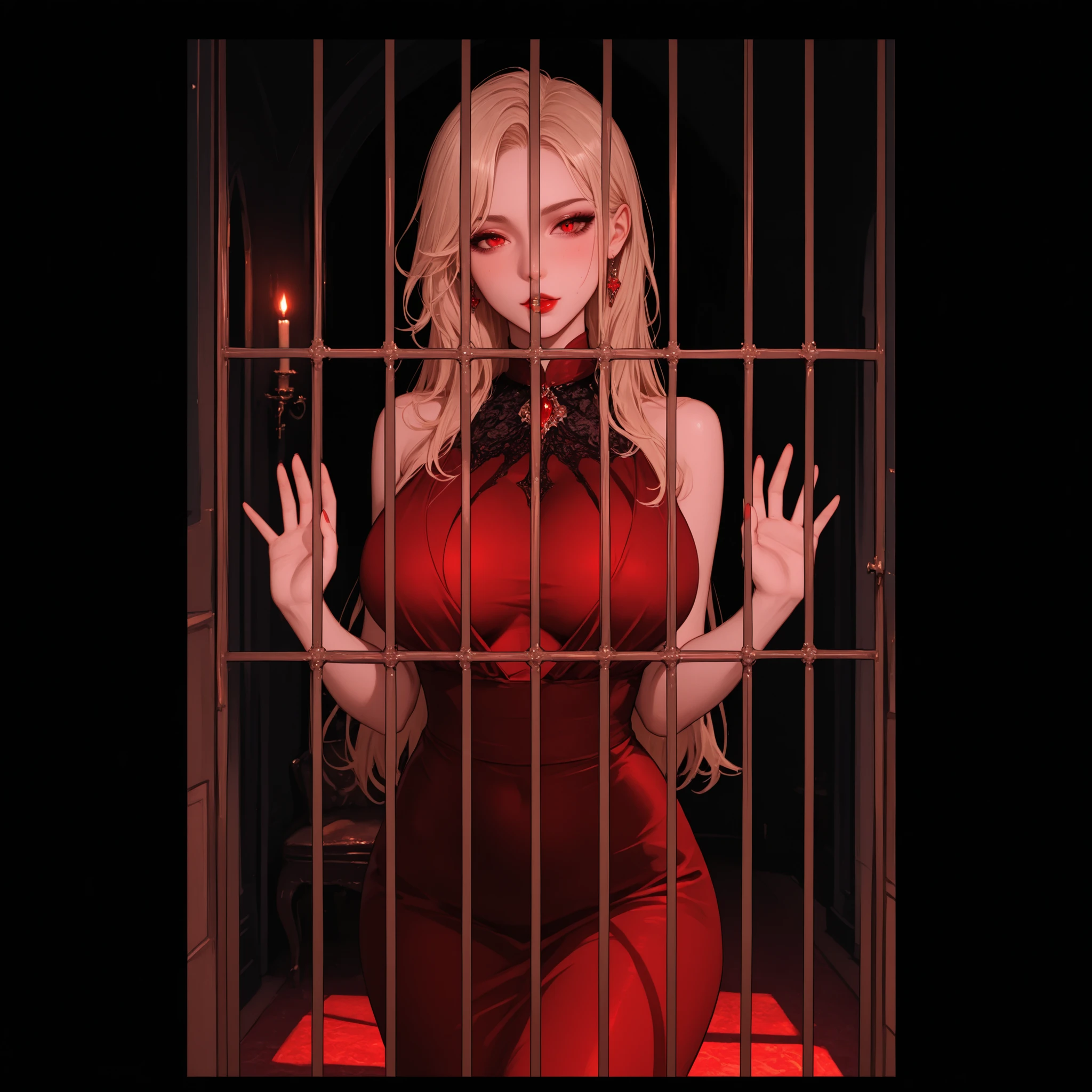 A blond female vampire with a beautiful face, Her red eyes shine mysteriously, Wearing an elegant dress, Inside a gothic castle, Candlelight, Dark and mysterious atmosphere, Vampire sensibility, Luxurious decoration, Red lips, Delicate Skin Expression, classic beauty, seductive pose, Moonlight coming through a window, high-resolution photo, cinematic lights, Dramatic Shadows