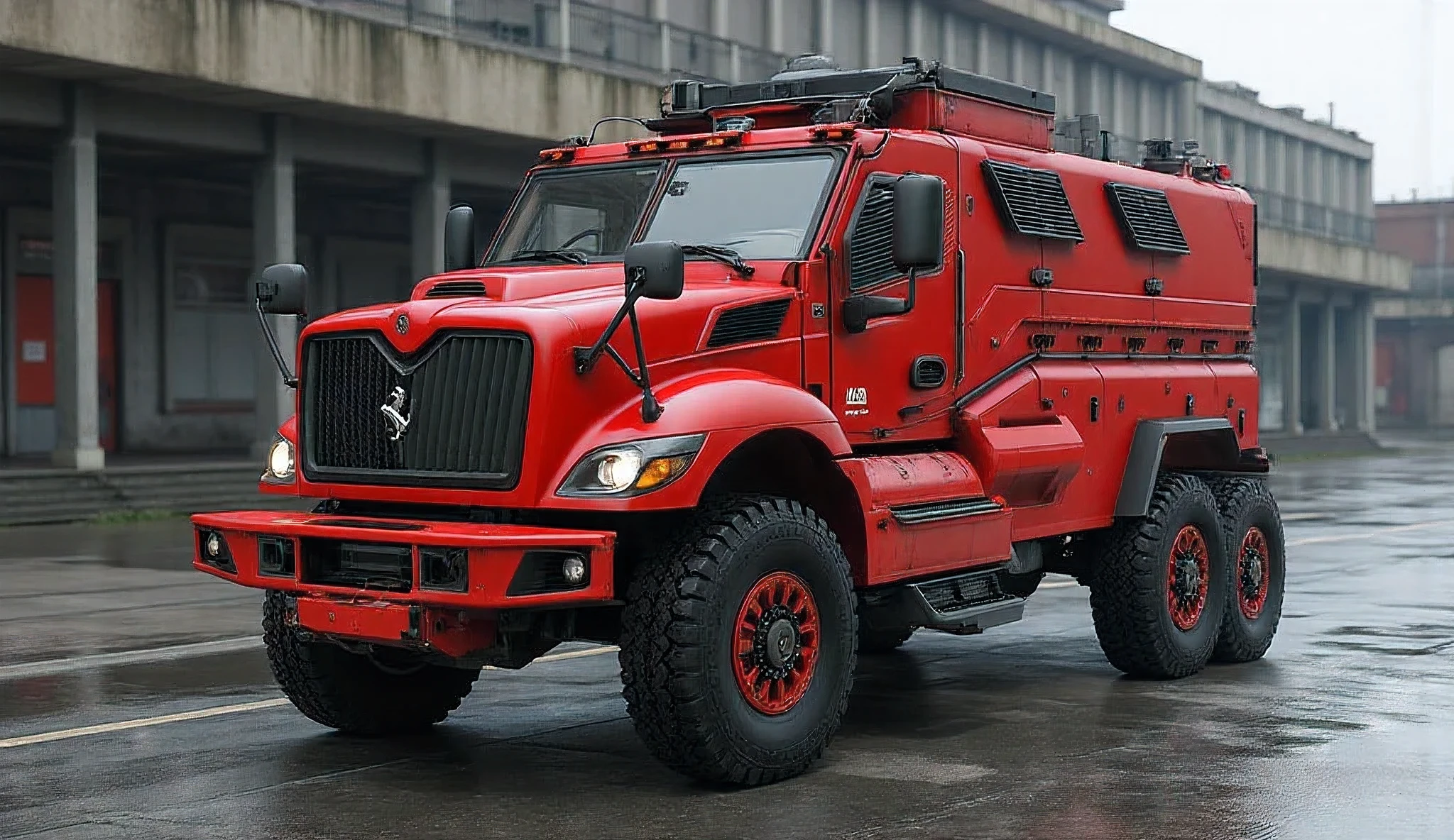 A futuristic Ferrari Armored Truck 2026, blending supercar design with military-grade protection. The truck has a low, aggressive front fascia inspired by Ferrari SF90, with a V-shaped armored grille and razor-sharp LED headlights glowing intensely. The body is sculpted with aerodynamic Ferrari lines but built on a muscular, heavy-duty armored frame in metallic Rosso Corsa red with matte carbon fiber accents. Massive 22-inch Ferrari-forged alloy rims with run-flat Pirelli tires sit under reinforced armored wheel arches. The sides feature suicide-style armored doors with Kevlar and bulletproof plating, streaked with red racing lines for Ferrari identity. At the rear, a reinforced armored tailgate holds quad exhausts inside a diffuser, with thin LED taillights spanning the width. A sleek roof with a retractable drone bay and armored panoramic sunroof adds futuristic flair. The Ferrari prancing horse emblem in black chrome dominates both grille and tailgate, giving the truck a menacing yet luxurious presence. The scene should look cinematic, dramatic lighting, ultra-realistic, showcasing it as a supercar-speed military fortress.