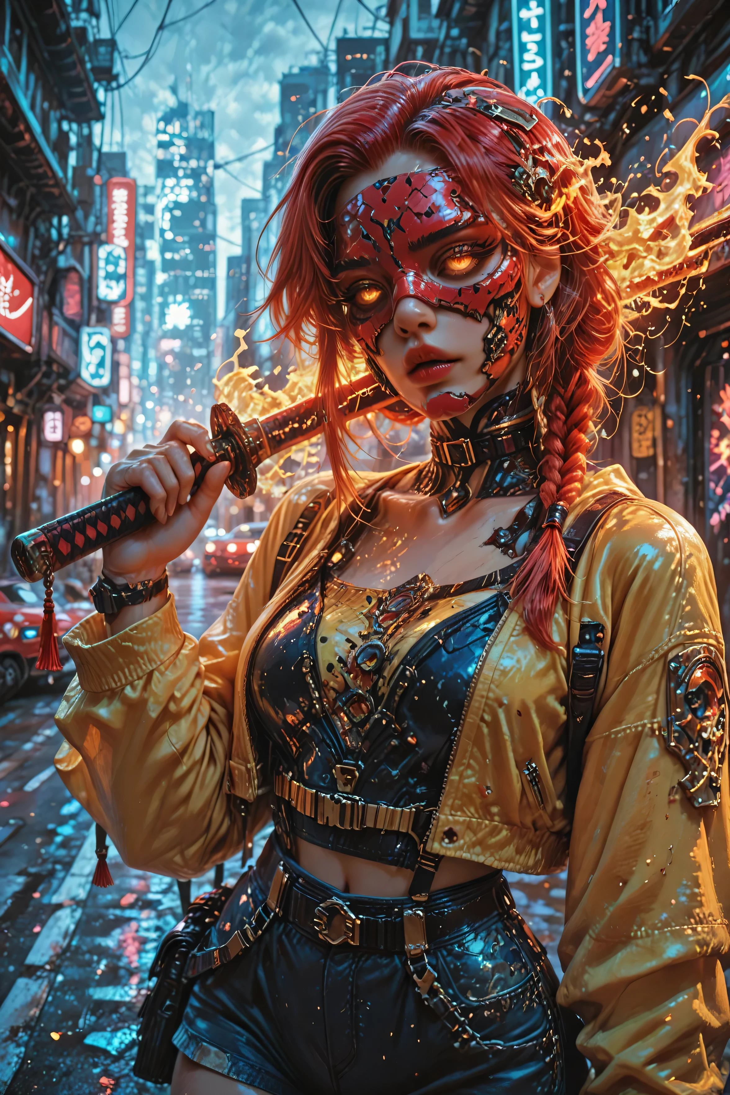 live action, Photo, realistic, woman, mask on your face, Cyberpunk City, street, model, short hair,bright red hair, long braid hairstyle, fiery eyes, Yellow short jacket, Bloody top, collar, straps, lots of straps, blue shorts , Wide hips, curvy lips, iron arms, sports car, katana in hand,