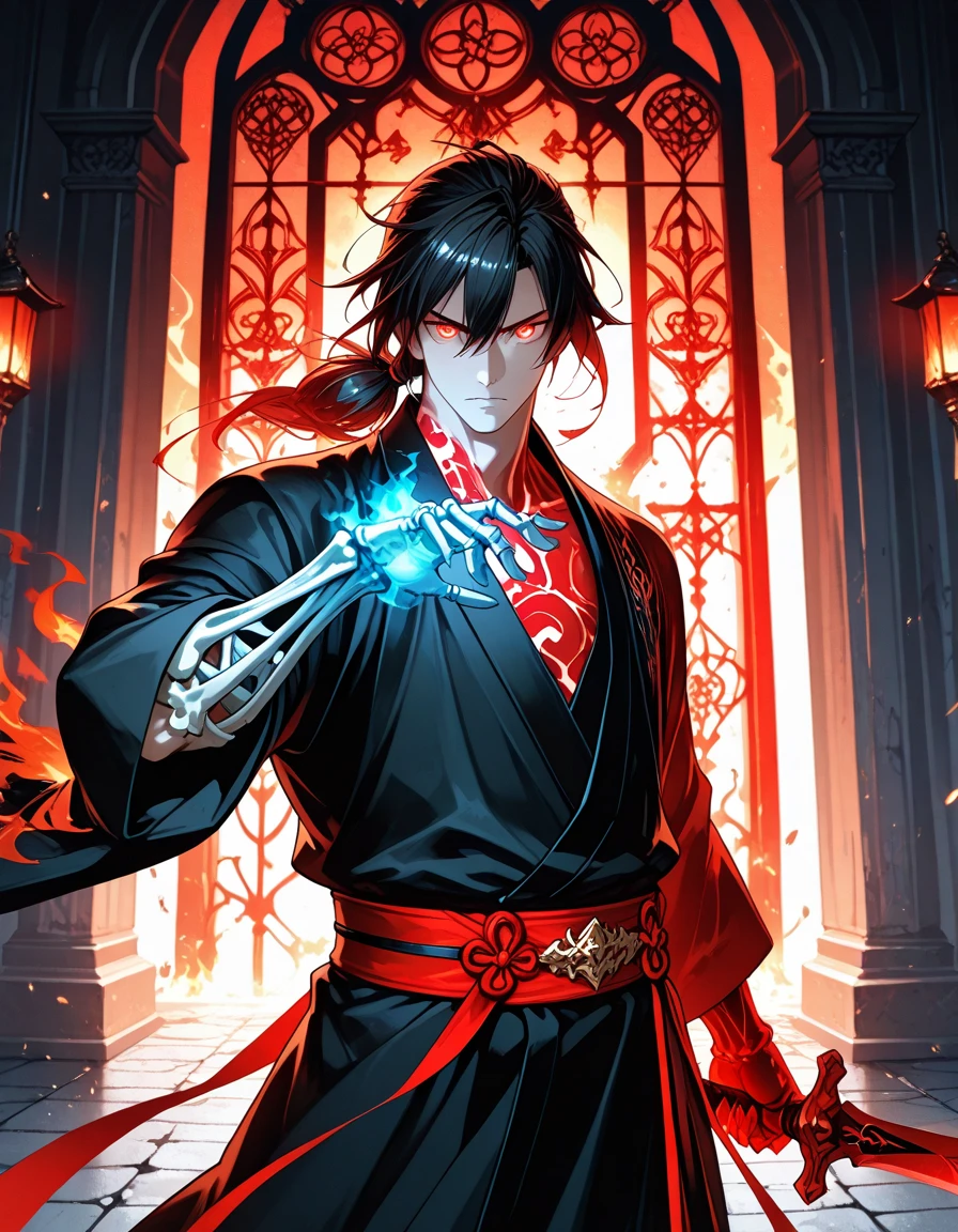 17, (1 persons) (Boy, (((Black coat))), ((Jeunesse Hanfu Noir)), (((A dark-haired))), air royal, magnifica, goodlooking, Extraordinary temperament, current, angry blood red eyes) (Background: Inside the sacred and beautiful former Chinese imperial palace).Focus on the face、high-level image quality、８K