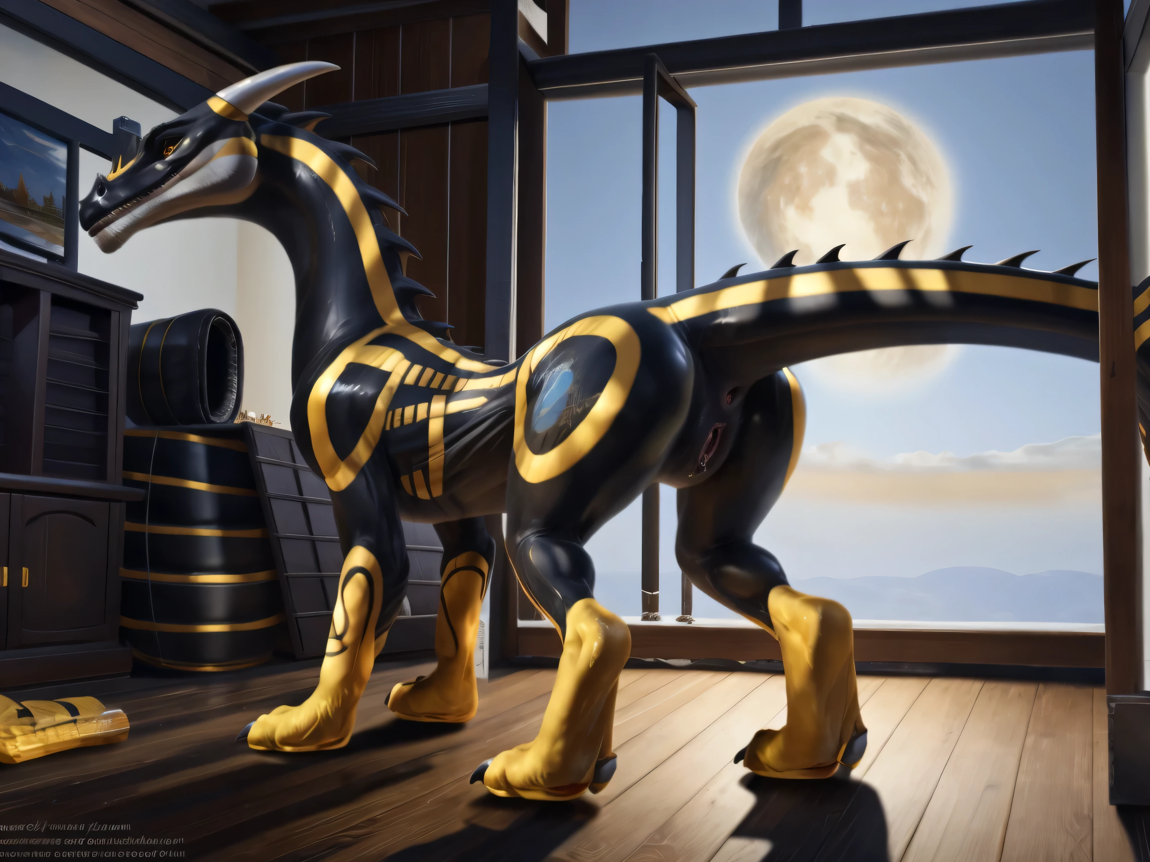 Dragon Booster Beau, female feral solo , highest quality, extremely detailed, 4k, full body, masterpiece, detailed face, perfect genitals, dynamic pose, Beau standing on 4 legs, butt facing to viewer, blushing, wet pussy, looking at viewer seductive, raised tail, rear pointing at viewer, extreme detailed pussy, wet pussy, realistic, detailed background, midnight, stars in the sky, inside abandoned shed, shaded, detailed, hi res, realistic, photography, Dragon booster beau, anatomicly correct, soft Body, rubber skin, raptor pussy, wide body, wide hips, by isvoc, by alena aenami