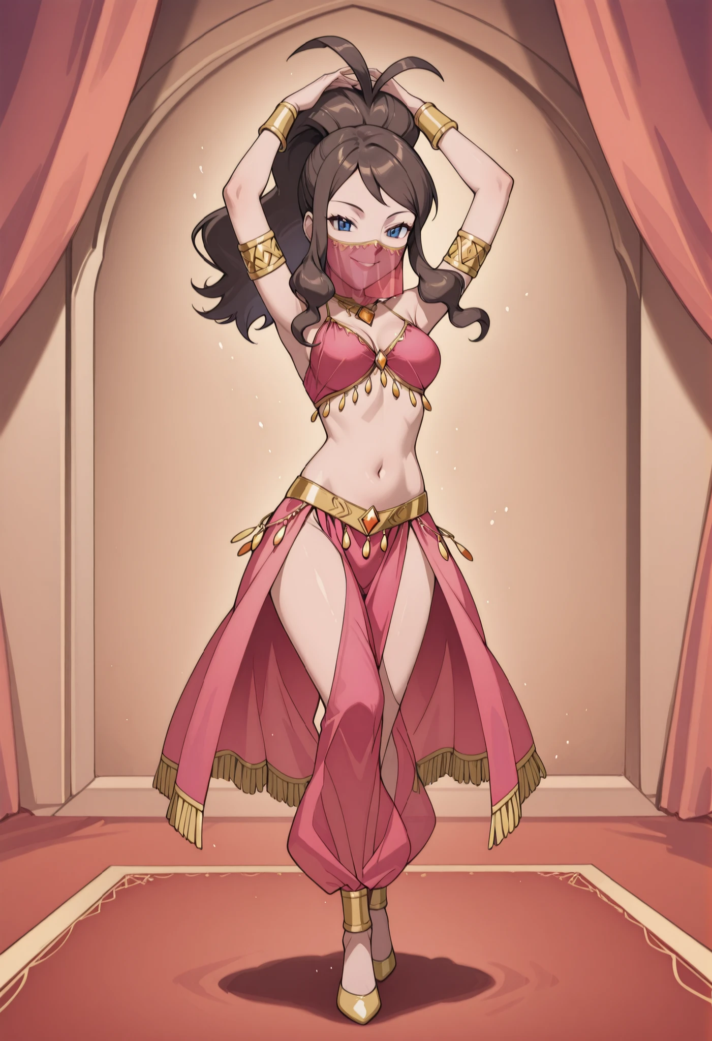 (1girl:1 . 5) , (Seul:1 . 5) , score_9 , score_8_haut , score_7_haut , source_anime , Official work , ultra-detailed , masterpiece , better quality , high resolution , beaux yeux , detailed eyes , Detailed face , beautiful detailed eyes ,Pokemon Black&Whithe, Hilda,Arabian Clothes , Arabian Dancer ,belly dancer costume ,full body,golden jewelery,mouth veil,armlet, belly dancing,arabian theater,seductive smile, dancing with veil, dynamic movement,dance posture, pose