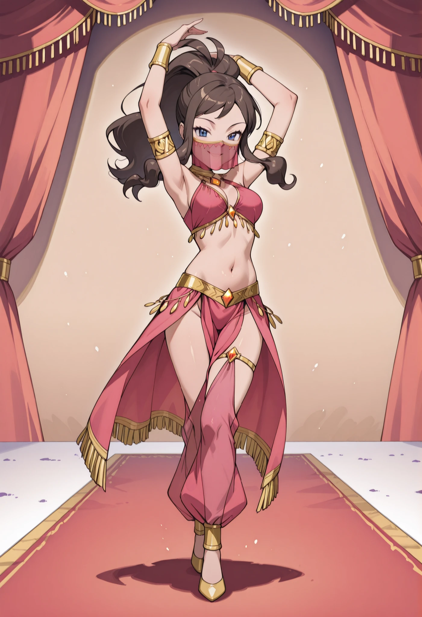(1girl:1 . 5) , (Seul:1 . 5) , score_9 , score_8_haut , score_7_haut , source_anime , Official work , ultra-detailed , masterpiece , better quality , high resolution , beaux yeux , detailed eyes , Detailed face , beautiful detailed eyes ,Pokemon Black&Whithe, Hilda,Arabian Clothes , Arabian Dancer ,belly dancer costume ,full body,golden jewelery,mouth veil,armlet, belly dancing,arabian theater,seductive smile, dancing with veil, dynamic movement,dance posture, pose