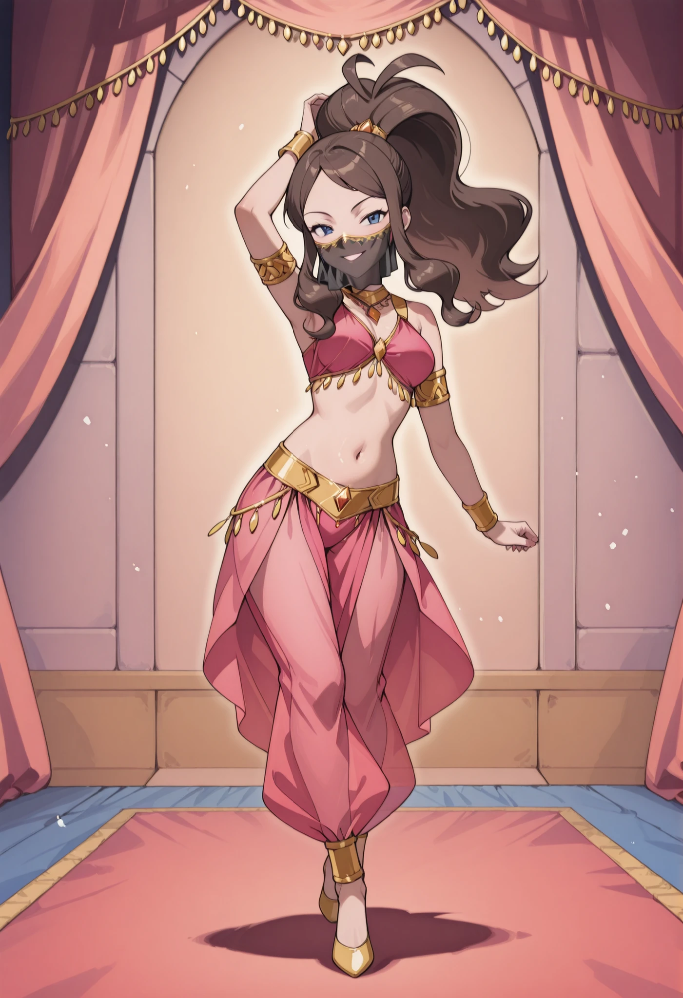 (1girl:1 . 5) , (Seul:1 . 5) , score_9 , score_8_haut , score_7_haut , source_anime , Official work , ultra-detailed , masterpiece , better quality , high resolution , beaux yeux , detailed eyes , Detailed face , beautiful detailed eyes ,Pokemon Black&Whithe, Hilda,Arabian Clothes , Arabian Dancer ,belly dancer costume ,full body,golden jewelery,mouth veil,armlet, belly dancing,arabian theater,seductive smile, dancing with veil, dynamic movement,dance posture, pose