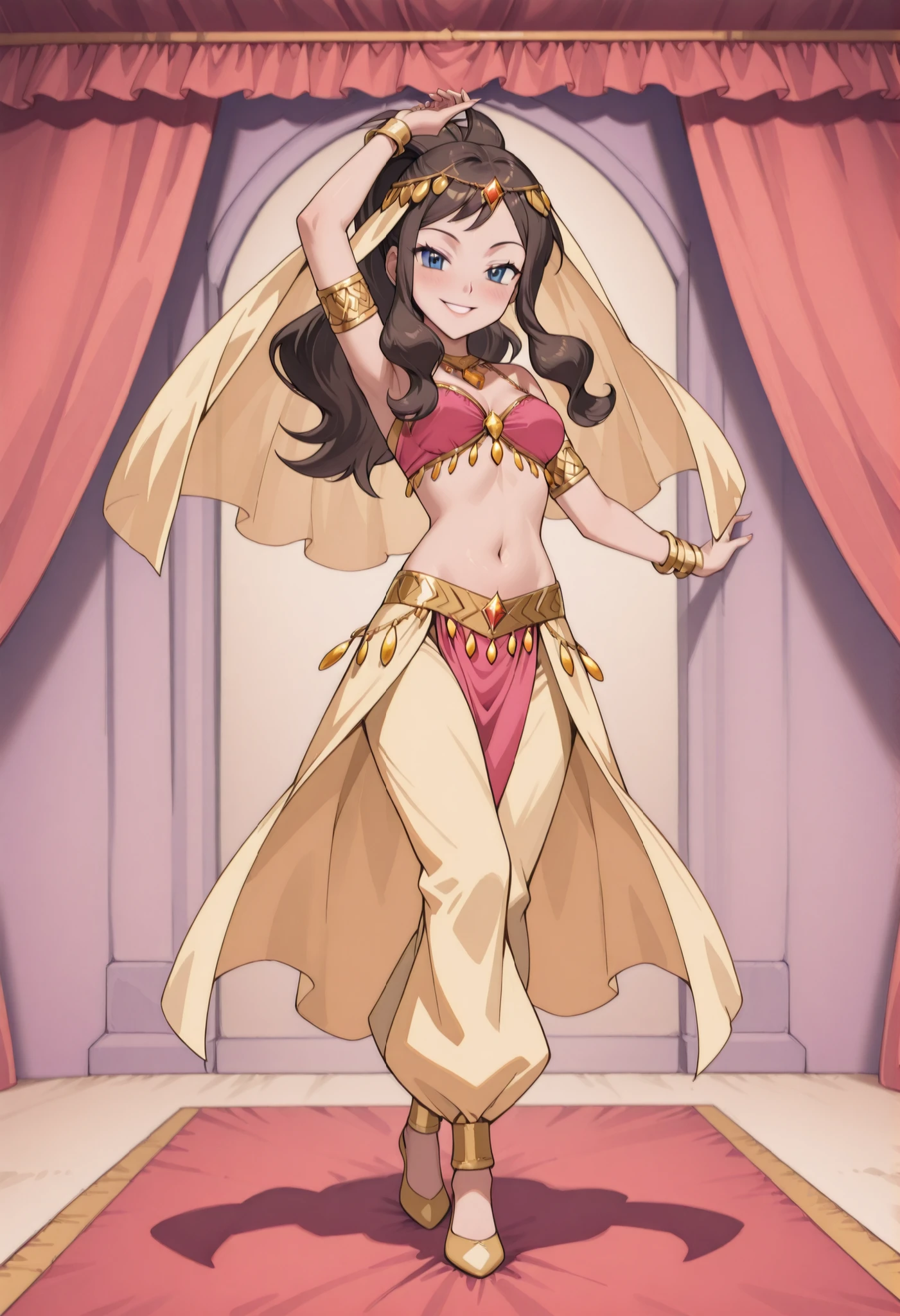 (1girl:1 . 5) , (Seul:1 . 5) , score_9 , score_8_haut , score_7_haut , source_anime , Official work , ultra-detailed , masterpiece , better quality , high resolution , beaux yeux , detailed eyes , Detailed face , beautiful detailed eyes ,Pokemon Black&Whithe, Hilda,Arabian Clothes , Arabian Dancer ,belly dancer costume ,full body,golden jewelery,armlet, belly dancing,arabian theater,seductive smile, dancing with veil, dynamic movement,dance posture, pose