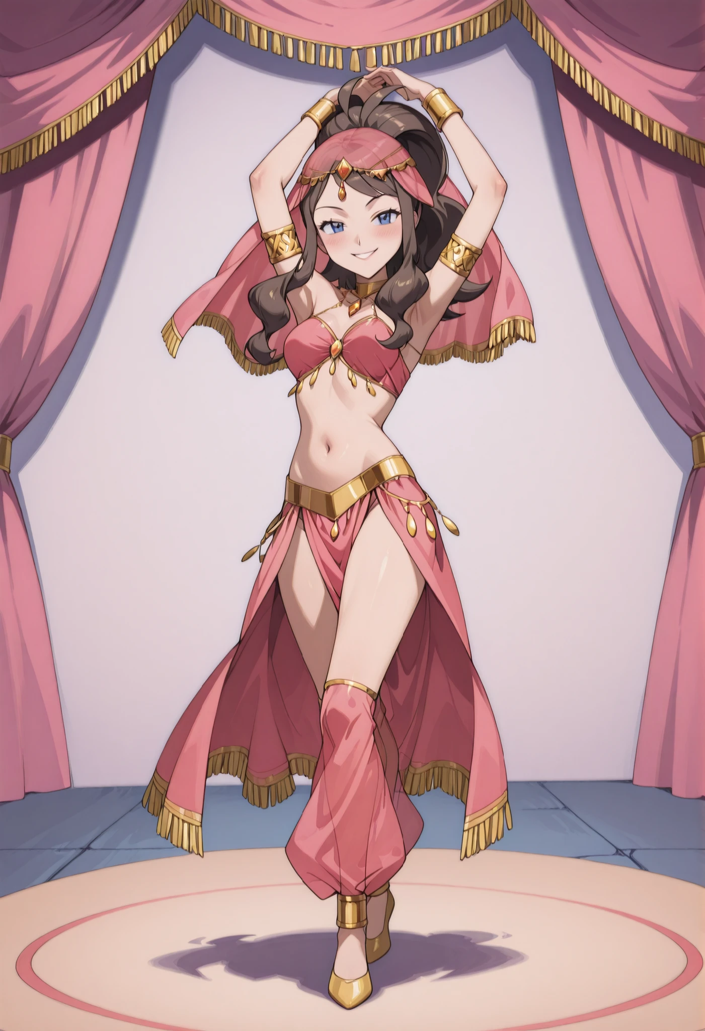 (1girl:1 . 5) , (Seul:1 . 5) , score_9 , score_8_haut , score_7_haut , source_anime , Official work , ultra-detailed , masterpiece , better quality , high resolution , beaux yeux , detailed eyes , Detailed face , beautiful detailed eyes ,Pokemon Black&Whithe, Hilda,Arabian Clothes , Arabian Dancer ,belly dancer costume ,full body,golden jewelery,armlet, belly dancing,arabian theater,seductive smile, dancing with veil, dynamic movement,dance posture, pose