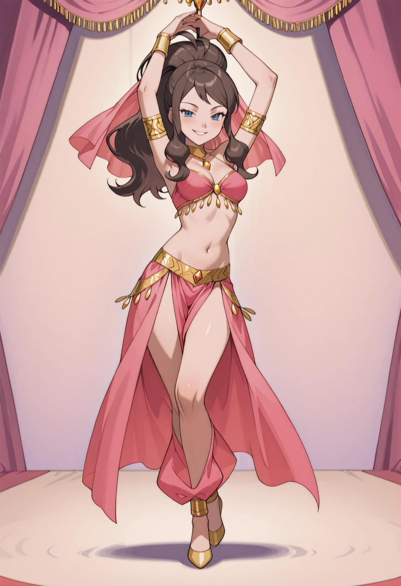 (1girl:1 . 5) , (Seul:1 . 5) , score_9 , score_8_haut , score_7_haut , source_anime , Official work , ultra-detailed , masterpiece , better quality , high resolution , beaux yeux , detailed eyes , Detailed face , beautiful detailed eyes ,Pokemon Black&Whithe, Hilda,Arabian Clothes , Arabian Dancer ,belly dancer costume ,full body,golden jewelery,armlet, belly dancing,arabian theater,seductive smile, dancing with veil, dynamic movement,dance posture, pose