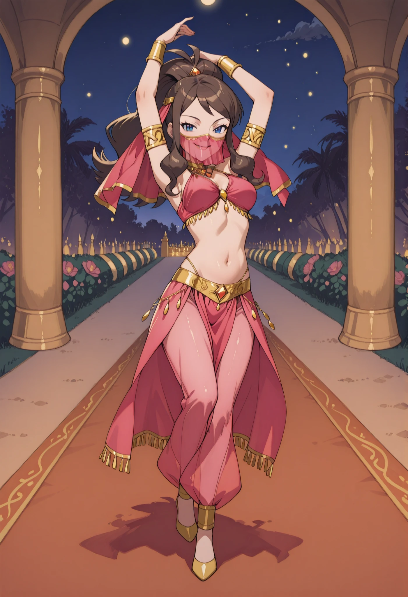 (1girl:1 . 5) , (Seul:1 . 5) , score_9 , score_8_haut , score_7_haut , source_anime , Official work , ultra-detailed , masterpiece , better quality , high resolution , beaux yeux , detailed eyes , Detailed face , beautiful detailed eyes ,Pokemon Black&Whithe, Hilda,Arabian Clothes , Arabian Dancer ,belly dancer costume ,full body,golden jewelery,mouth veil,armlet, belly dancing,night,arabian garden,seductive smile, dancing with veil, dynamic movement,dance posture, pose