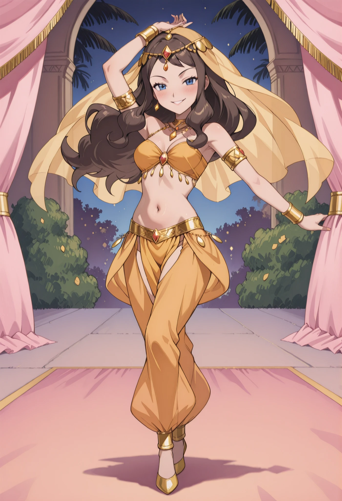 (1girl:1 . 5) , (Seul:1 . 5) , score_9 , score_8_haut , score_7_haut , source_anime , Official work , ultra-detailed , masterpiece , better quality , high resolution , beaux yeux , detailed eyes , Detailed face , beautiful detailed eyes ,Pokemon Black&Whithe, Hilda,Arabian Clothes , Arabian Dancer ,belly dancer costume ,full body,golden jewelery,armlet, belly dancing,arabian garden,seductive smile, dancing with veil, dynamic movement,dance posture, pose