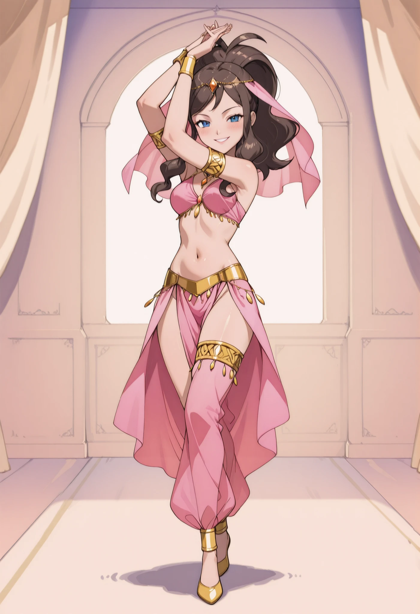 (1girl:1 . 5) , (Seul:1 . 5) , score_9 , score_8_haut , score_7_haut , source_anime , Official work , ultra-detailed , masterpiece , better quality , high resolution , beaux yeux , detailed eyes , Detailed face , beautiful detailed eyes ,Pokemon Black&Whithe, Hilda,Arabian Clothes , Arabian Dancer ,belly dancer costume ,full body,golden jewelery,armlet, belly dancing,arabian garden,seductive smile, dancing with veil, dynamic movement,dance posture, pose