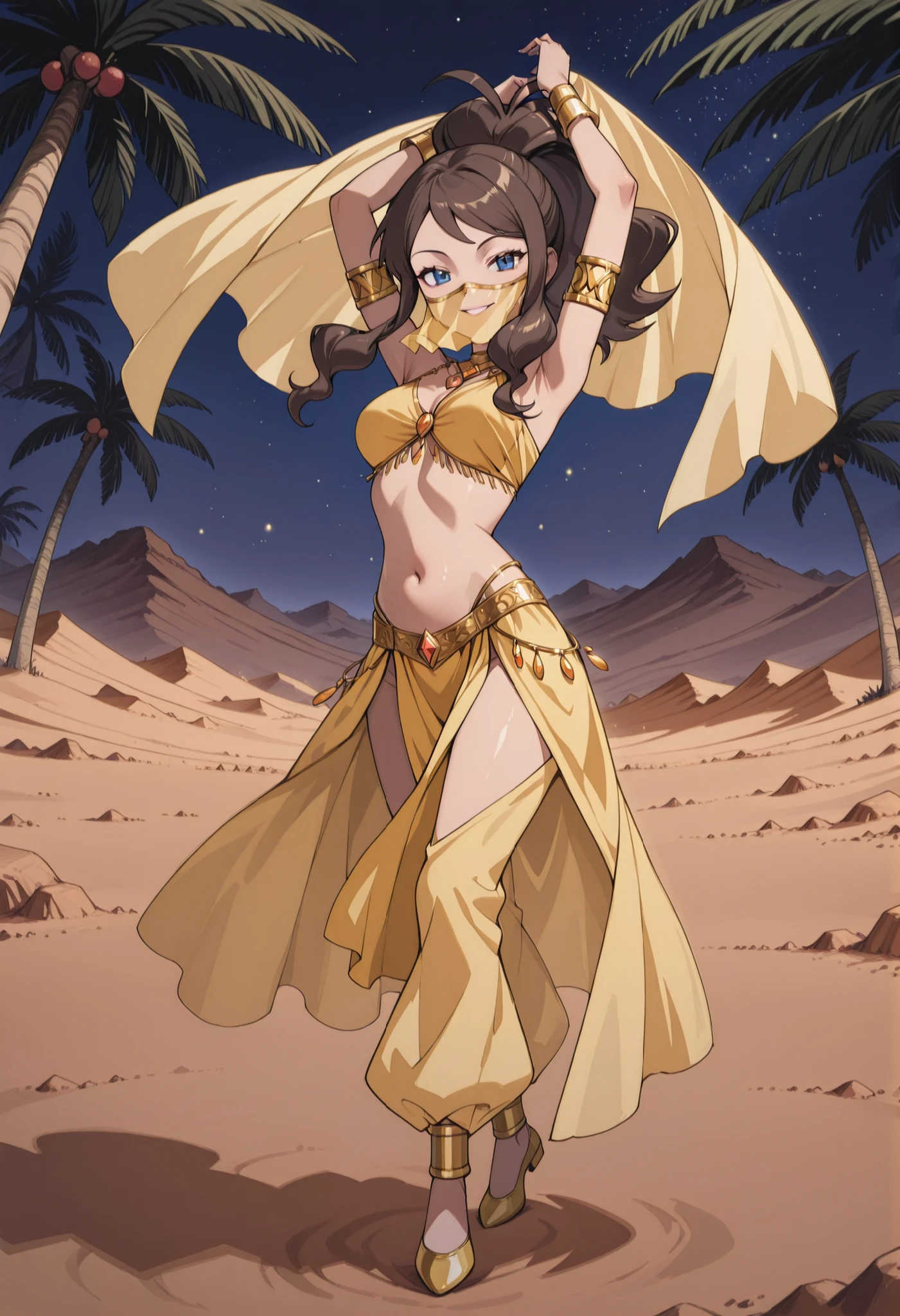 (1girl:1 . 5) , (Seul:1 . 5) , score_9 , score_8_haut , score_7_haut , source_anime , Official work , ultra-detailed , masterpiece , better quality , high resolution , beaux yeux , detailed eyes , Detailed face , beautiful detailed eyes ,Pokemon Black&Whithe, Hilda,Arabian Clothes , Arabian Dancer ,belly dancer costume ,full body,golden jewelery,mouth veil,armlet, belly dancing,night,desert lands,palm tree,seductive smile, dancing with veil, dynamic movement,dance posture, pose