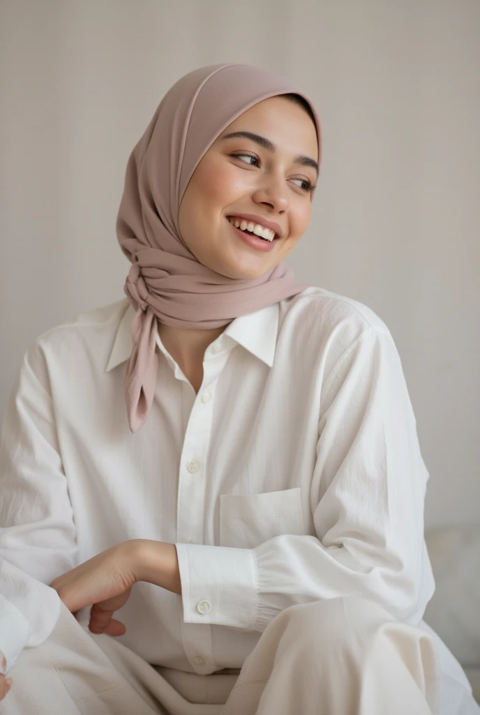 Hijab , portrait half body shoot 1:2 , holding face. One hand on table. Dominance smile. Perfect theeth.shoot by canon r6 Godox v1 Speedlite. Lace hijab. Wear minimalist flower hijab. Girl average 2. Samo matang skin. Simple make up. Perfect hijab. Cafe background.. pink lips, snube nose big. Beautiful eyesbrow, long lashes. Brown hazel eyes.