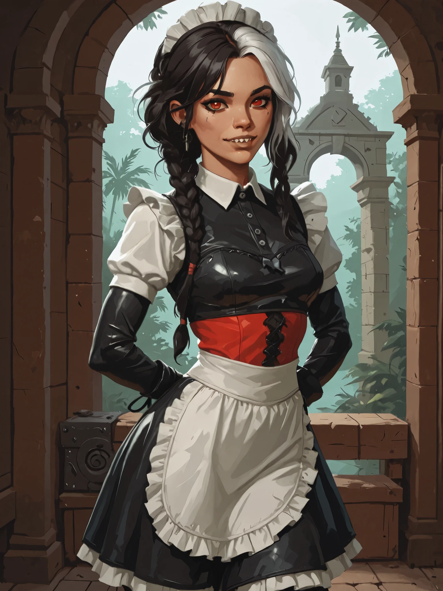 Drawn like the artist Bob Kehl. Goth girl. Albino skin. White skin. Rebecca from Cyberpunk Edgerunners with white and dark hair, deep red-coloured eyes, slanted Asian eyes, black eyeliner, with sharp teeth, athletic body and abs. Slender and athletic. Cute, round and young face. White highlights in her hair. She wears new black snake-latex clothing with snakeskin-texture. She also wears an amber necklace. She has small . She smiles awkward-ly. Atmospheric lighting. She looks like Wednesday Adams. Box-art. DnD-art-style, oil painting. Looking at the viewer. Background: medieval jungle ruins