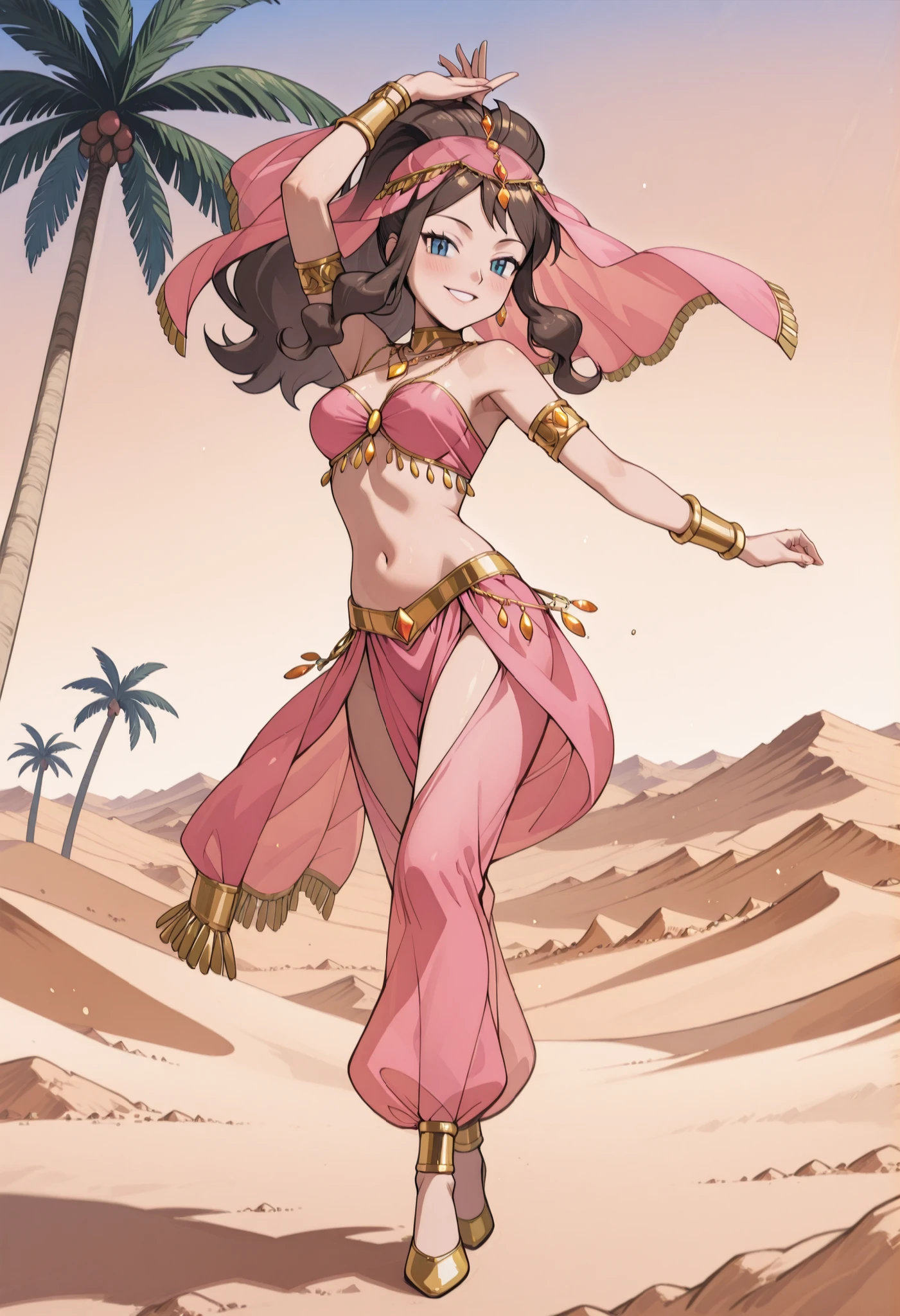 (1girl:1 . 5) , (Seul:1 . 5) , score_9 , score_8_haut , score_7_haut , source_anime , Official work , ultra-detailed , masterpiece , better quality , high resolution , beaux yeux , detailed eyes , Detailed face , beautiful detailed eyes ,Pokemon Black&Whithe, Hilda,Arabian Clothes , Arabian Dancer ,belly dancer costume ,full body,golden jewelery,armlet, belly dancing,desert lands,palm tree,seductive smile, dancing with veil, dynamic movement,dance posture, pose
