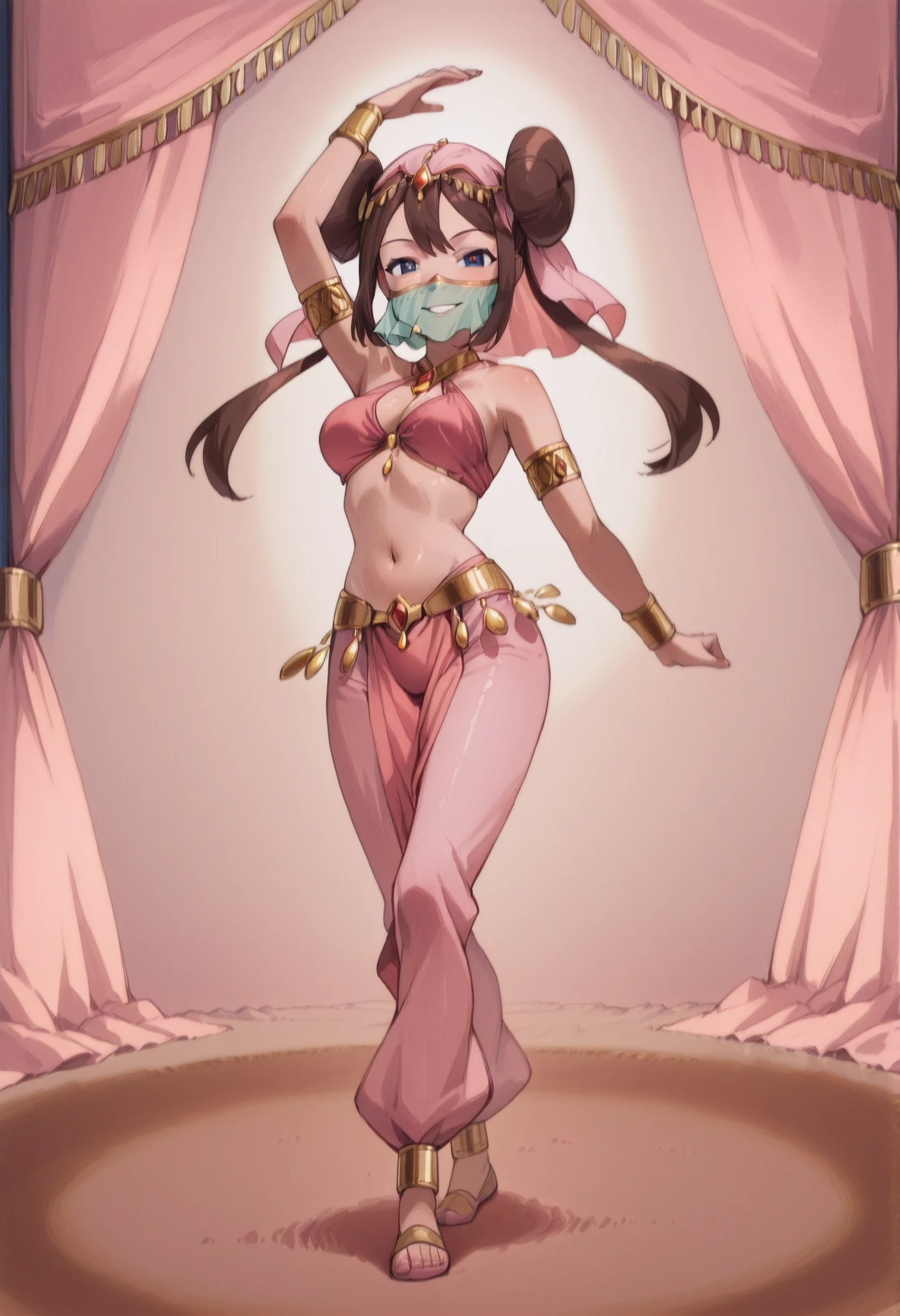 (1girl:1 . 5) , (Seul:1 . 5) , score_9 , score_8_haut , score_7_haut , source_anime , Official work , ultra-detailed , masterpiece , better quality , high resolution , beaux yeux , detailed eyes , Detailed face , beautiful detailed eyes ,Pokemon ORAS, Rosa,Arabian Clothes , Arabian Dancer ,belly dancer costume ,full body,golden jewelery,mouth veil,armlet, belly dancing,arabian theater,seductive smile, dancing with veil, dynamic movement,dance posture, pose