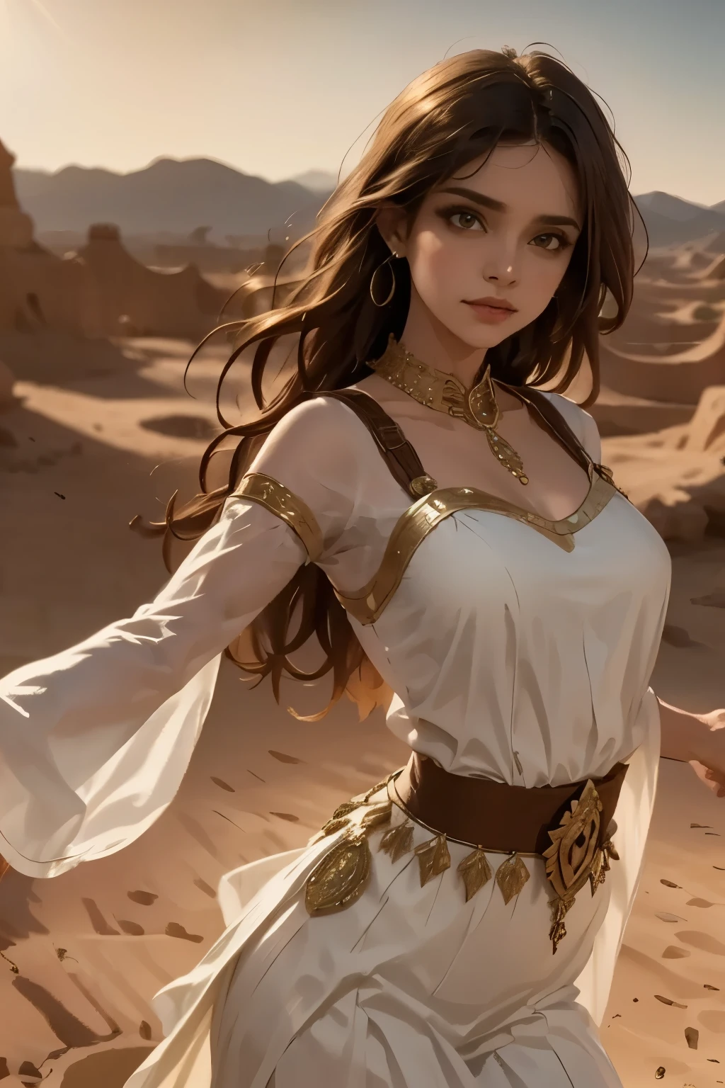 a desert dancer, an elegant woman in flowing garments performing a graceful dance in the middle of a vast desert landscape, with warm golden light, dramatic shadows, intricate details, 4K, HDR, ultra-detailed, photorealistic, vibrant colors, cinematic lighting