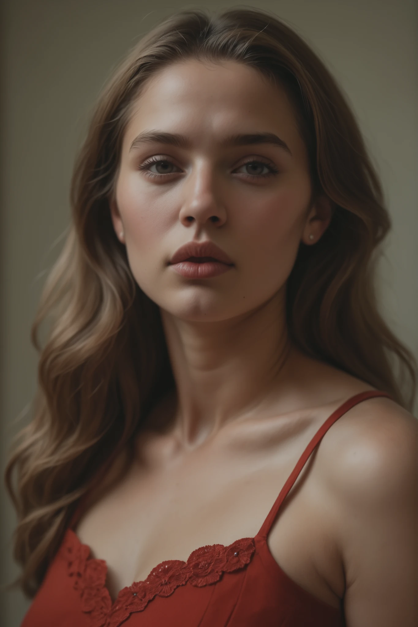 Hyperrealistic professional portrait of a 30-year-old beautiful girl in a red dress with a neckline. she looks at the camera and smiles sweetly. she has long hair, beautiful eyes with arrows and fluffy wrestlers, plump lips. Hair naturally falls over her shoulders, skin looks super natural with visible pores, with natural relief and natural glow. The girl radiates confidence and friendliness. Background - a cozy hall. ultra-realism, iPhone shot